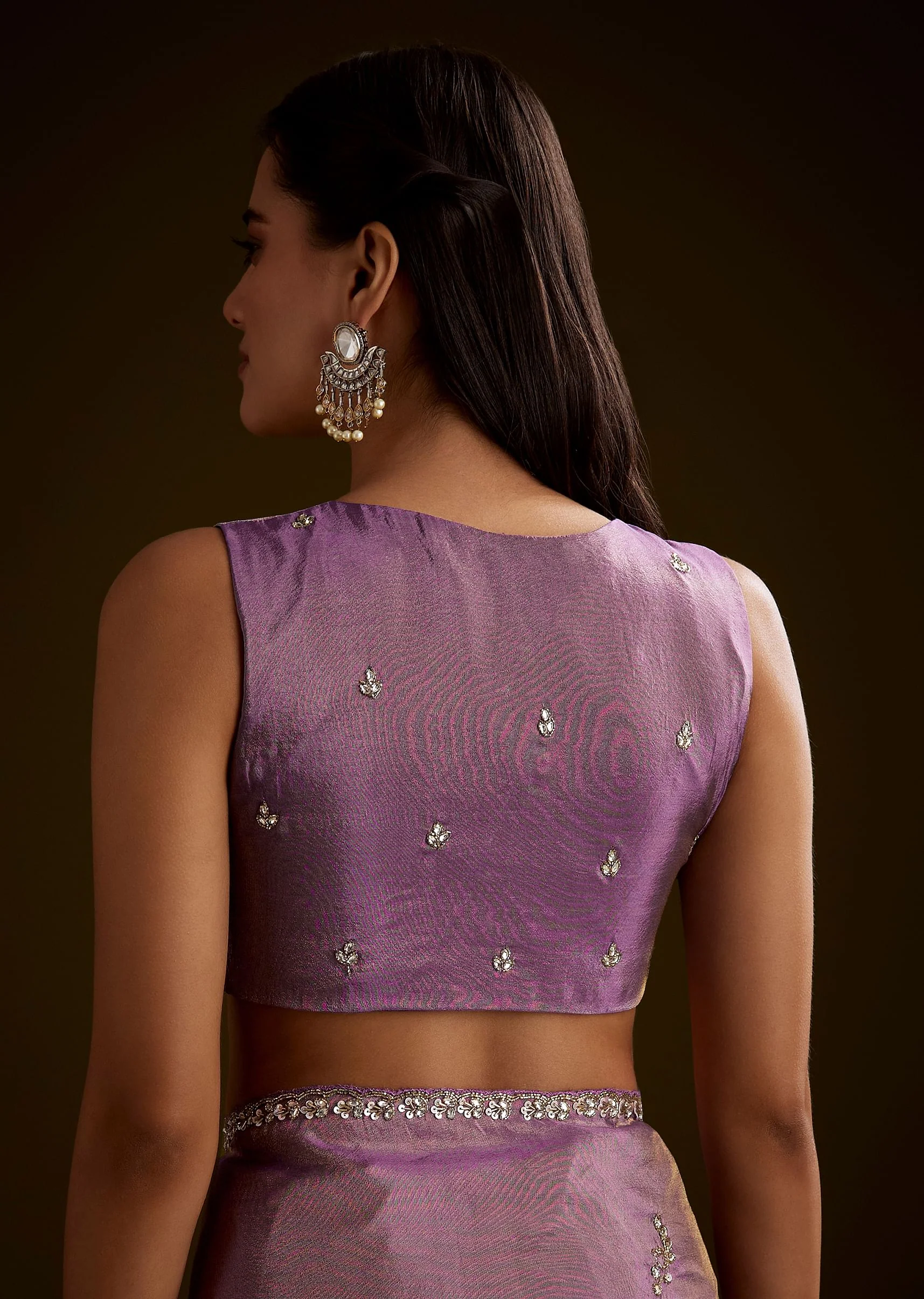Lilac Tissue Saree With Cutdana Embroidery And Scallop Border - Image 8