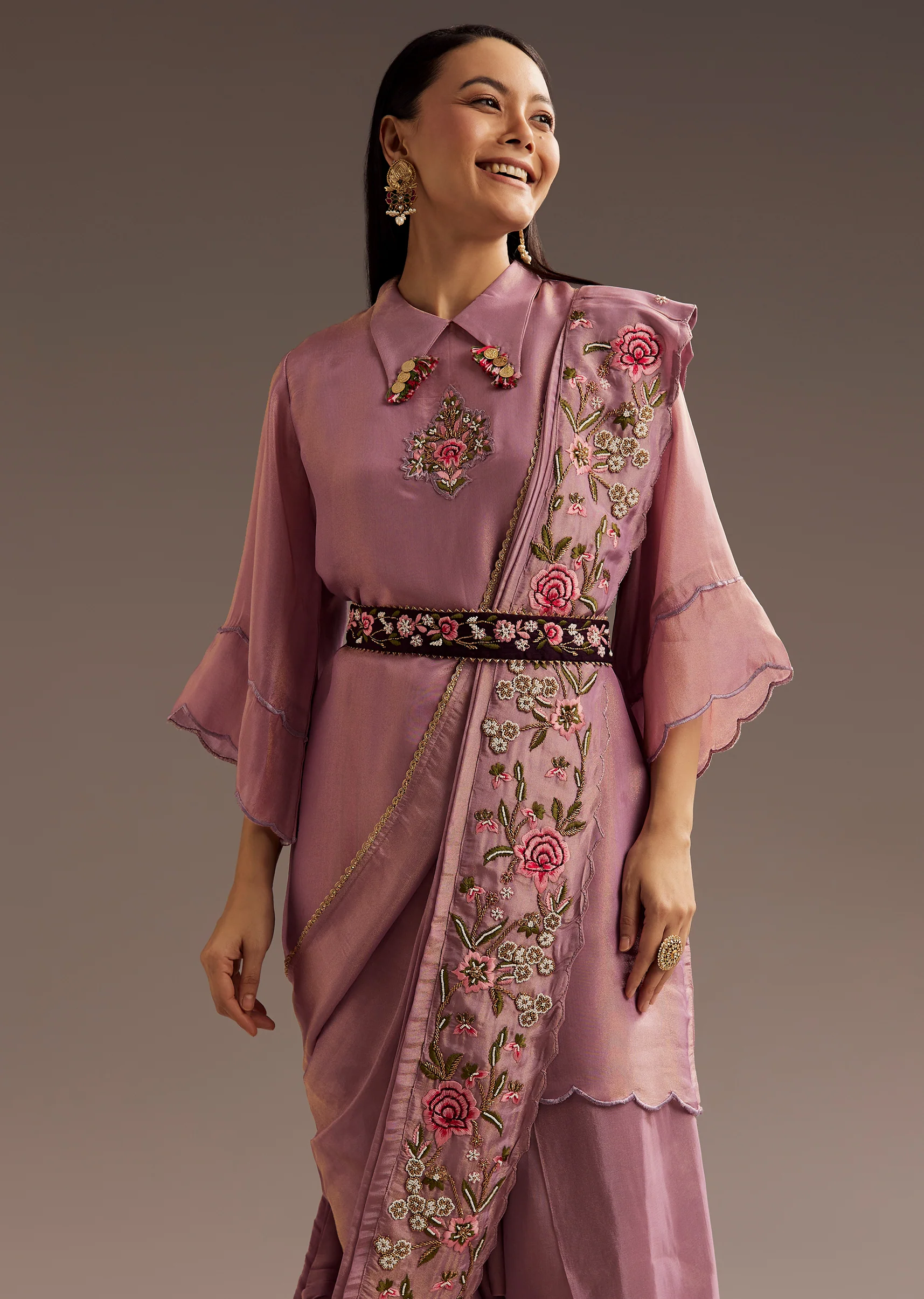 Lilac Zardosi Motif Kurta Dupatta Belt Set - Image 4