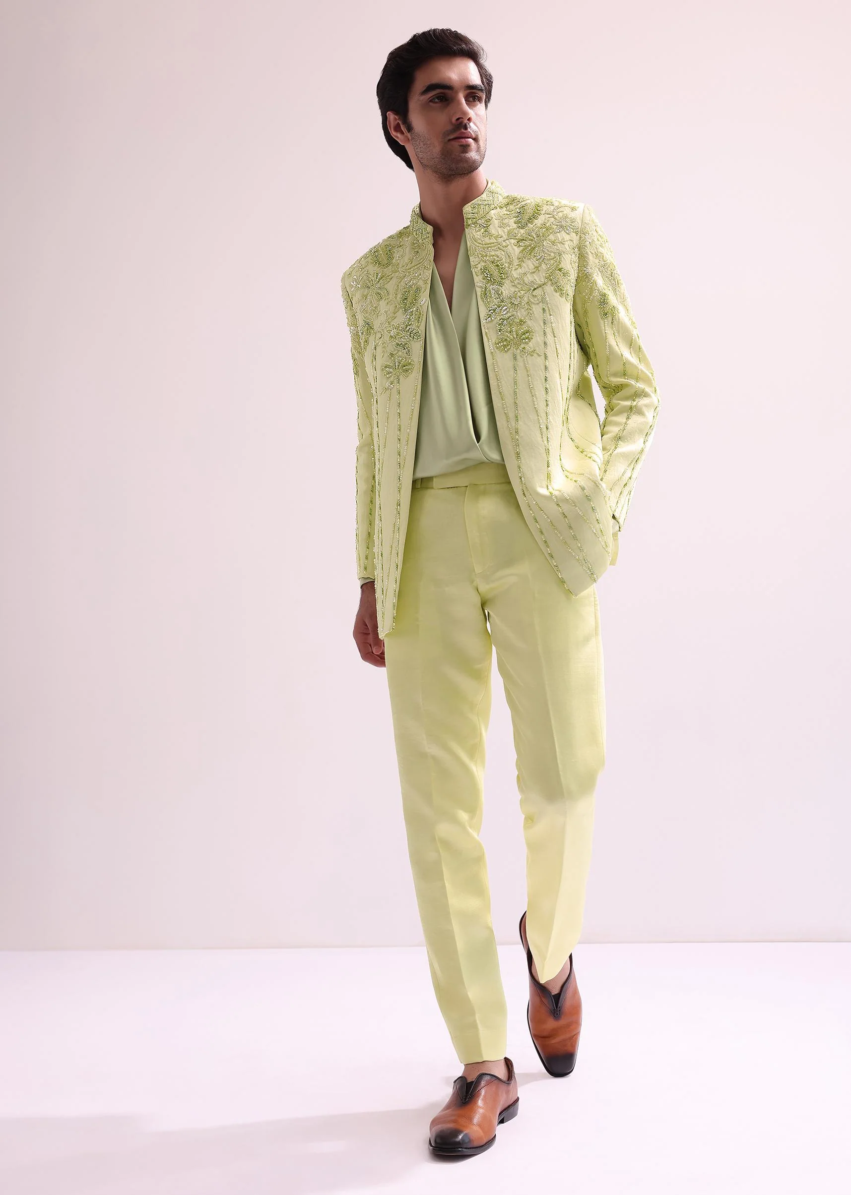 Lime Bandhgala Jacket And Pant Set With Floral Embroidery - Image 2