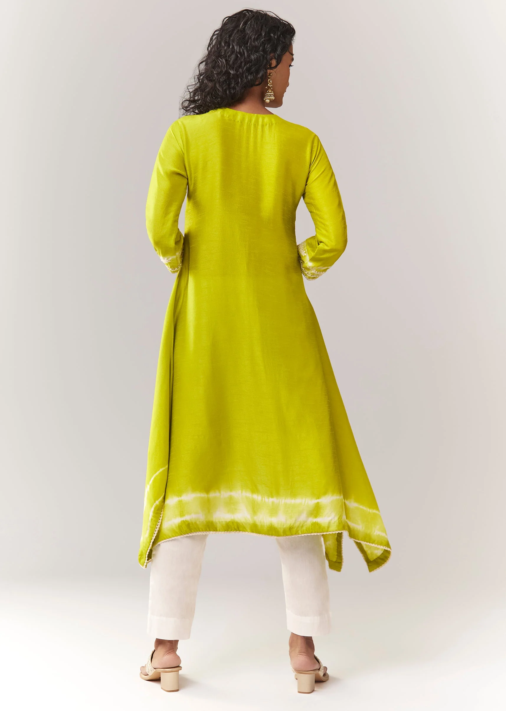 Lime Green Asymmetric A line Kurta Coord With Mirror And Sequin Work - Image 5