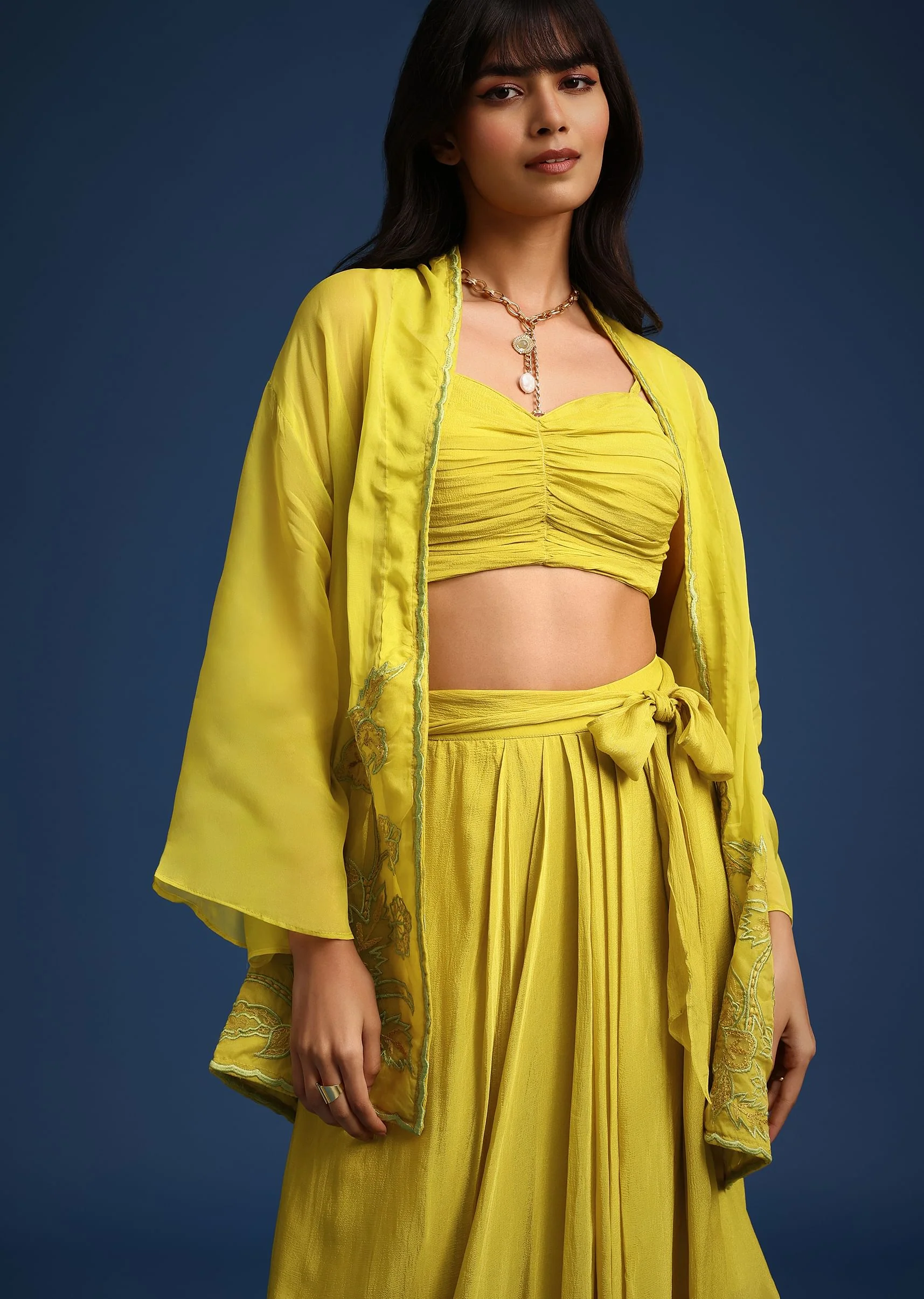 Lime Green Asymmetrical Skirt And Jacket Set - Image 2