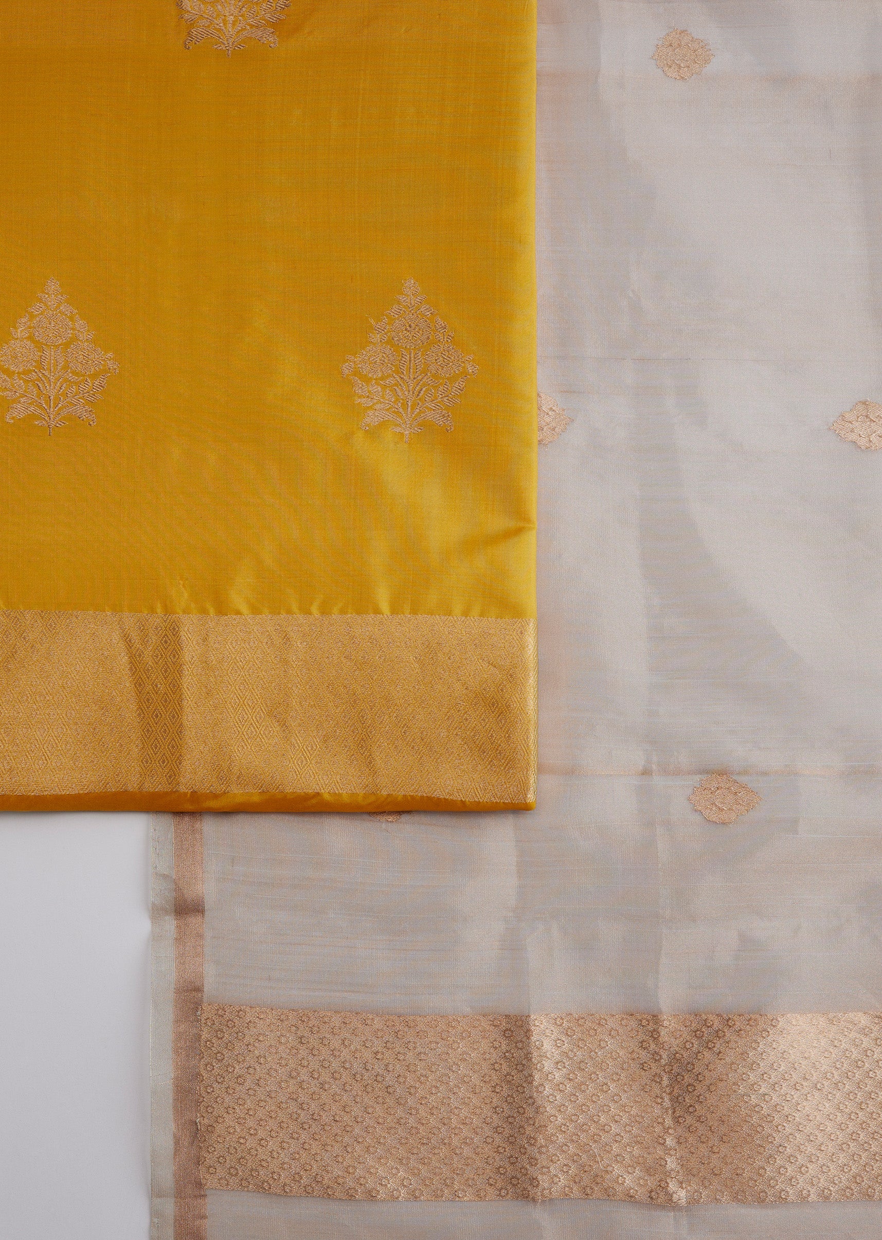 Lime Green Banarasi Silk Unstitched Suit Set - Image 3