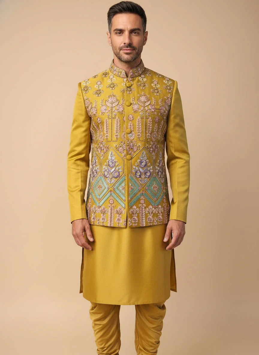 Lime Green Contemporary Jacket Kurta Set - Image 2