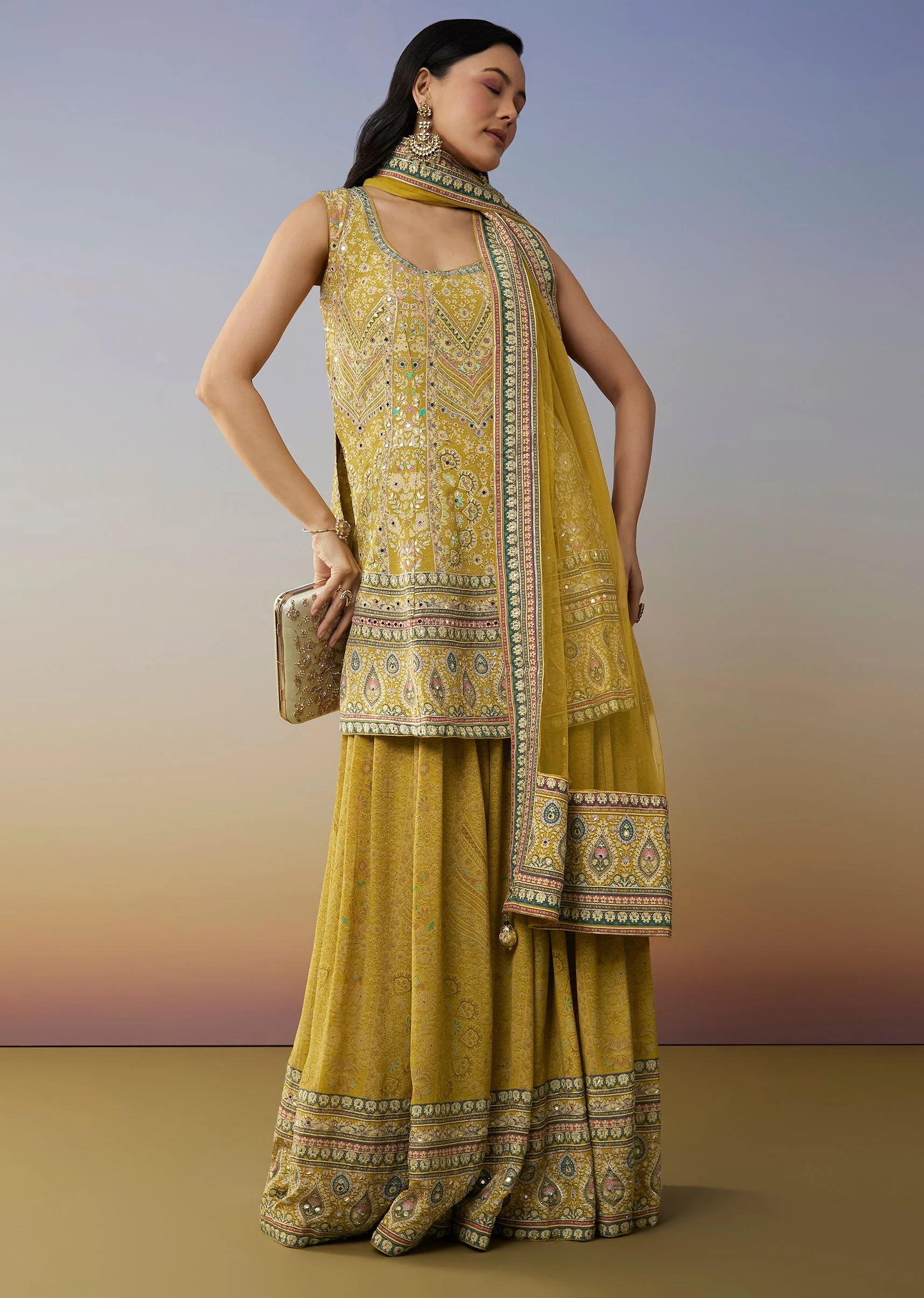 Lime Green Crepe Palazzo Suits with Indie Print Mirror Stone Gotta Lace Work - Image 3