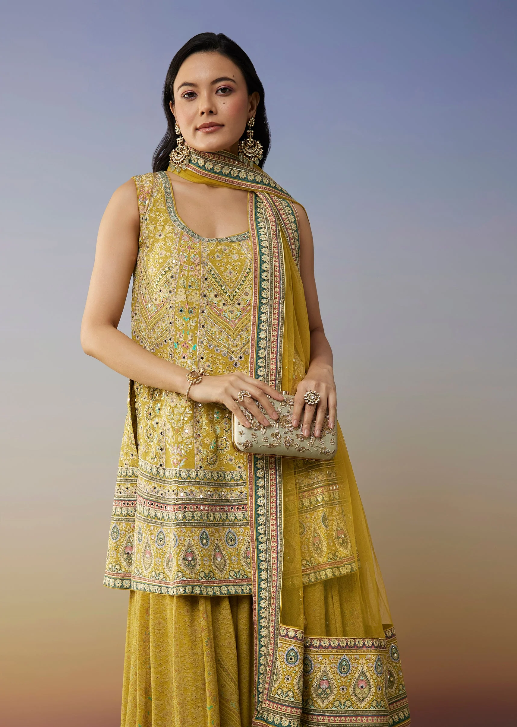 Lime Green Crepe Palazzo Suits with Indie Print Mirror Stone Gotta Lace Work - Image 4