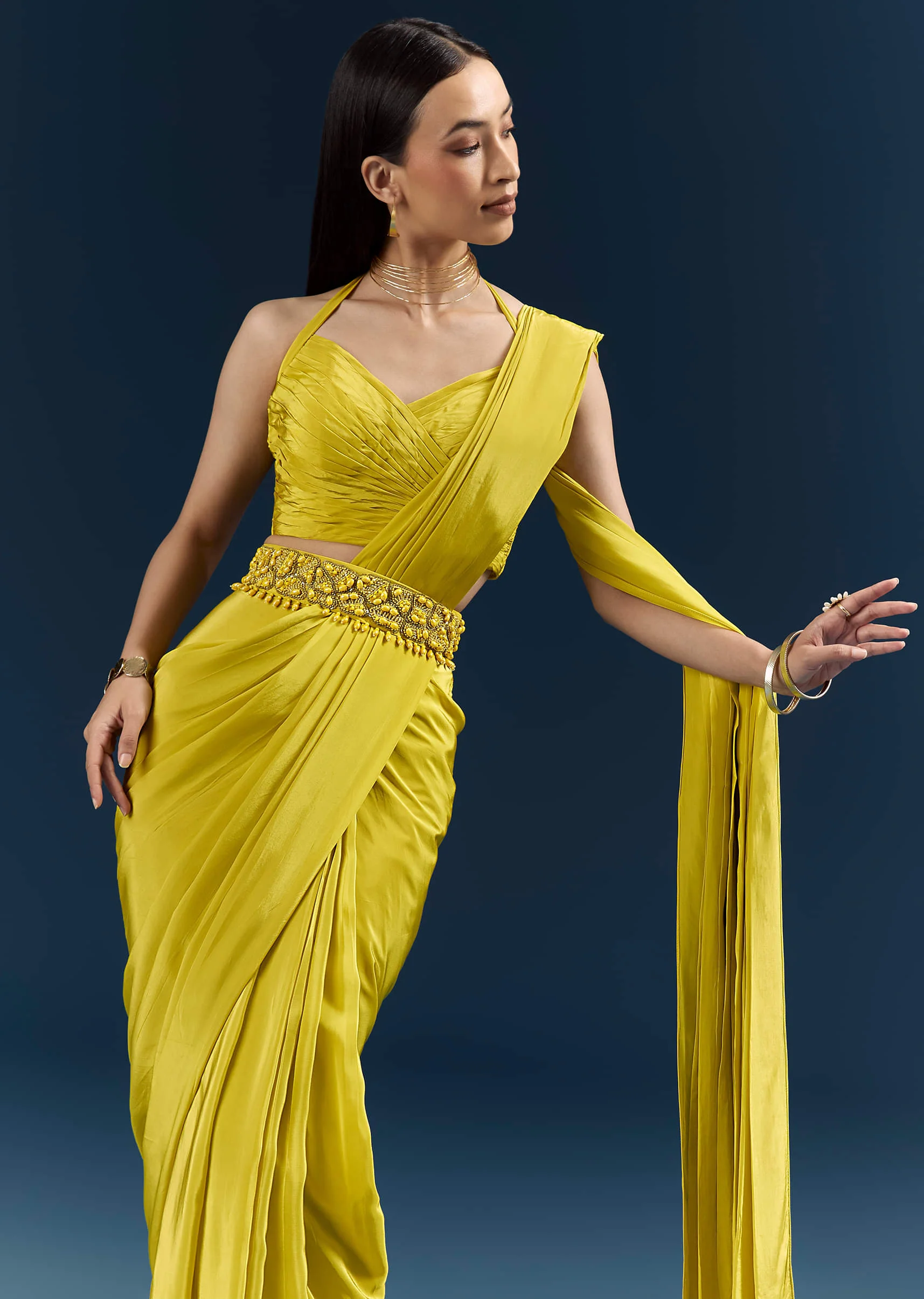 Lime Green Crepe Ready Pleated Saree With Heavy Embroidery - Image 3