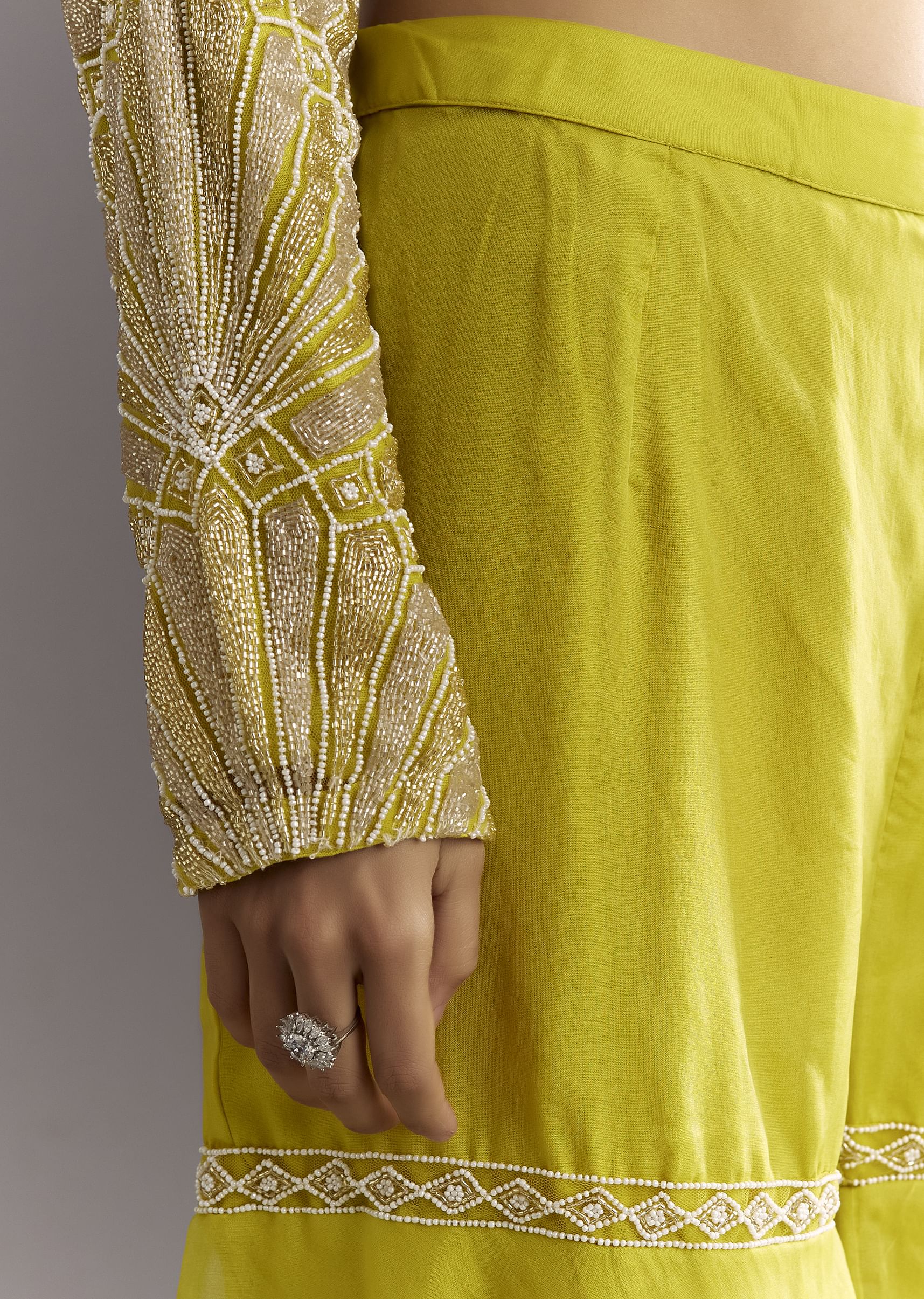 Lime Green Cutdana And Moti Work Kurta With Organza Sharara - Image 6