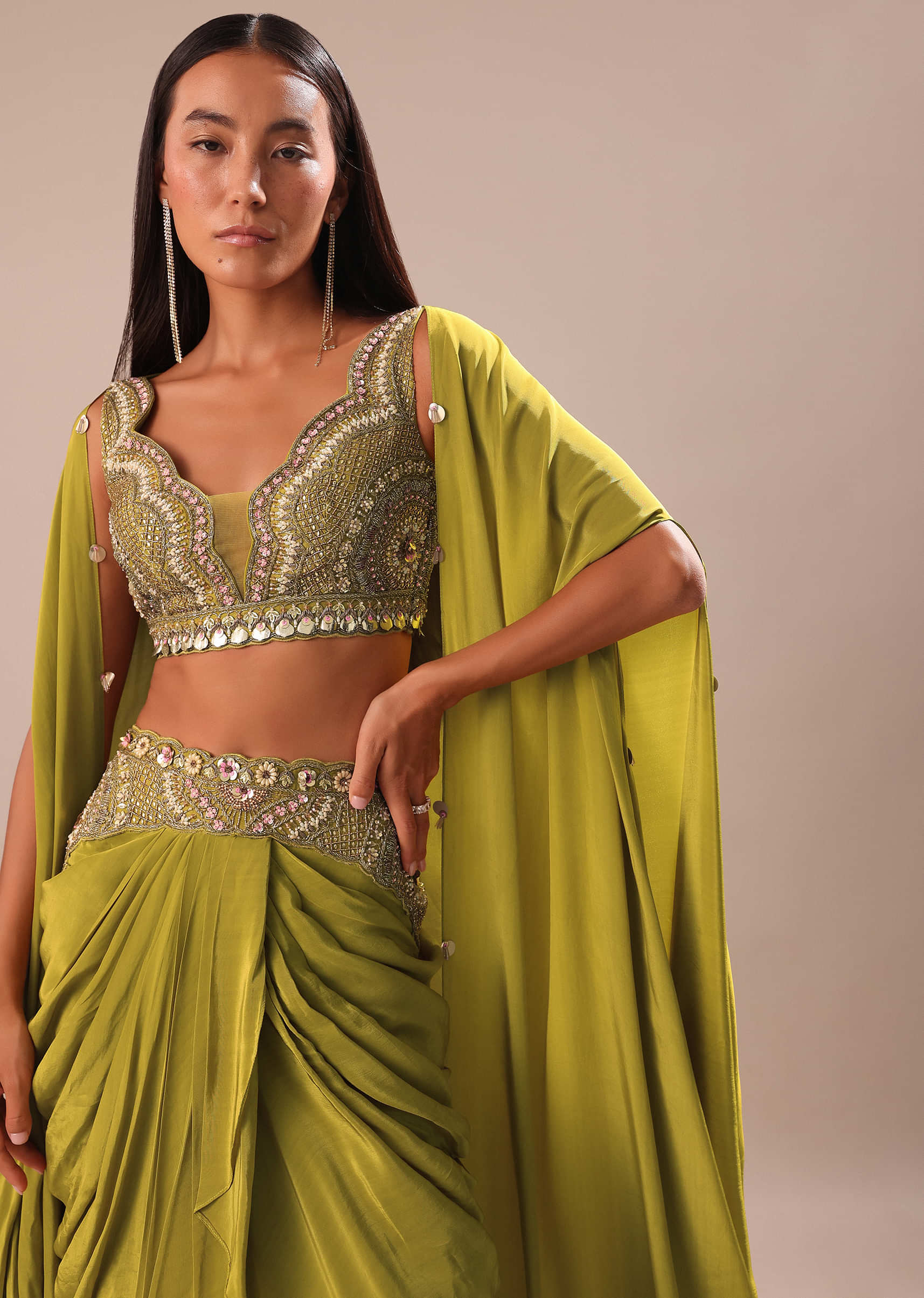 Lime Green Dhoti With Embroidered Blouse And Cape - Image 2