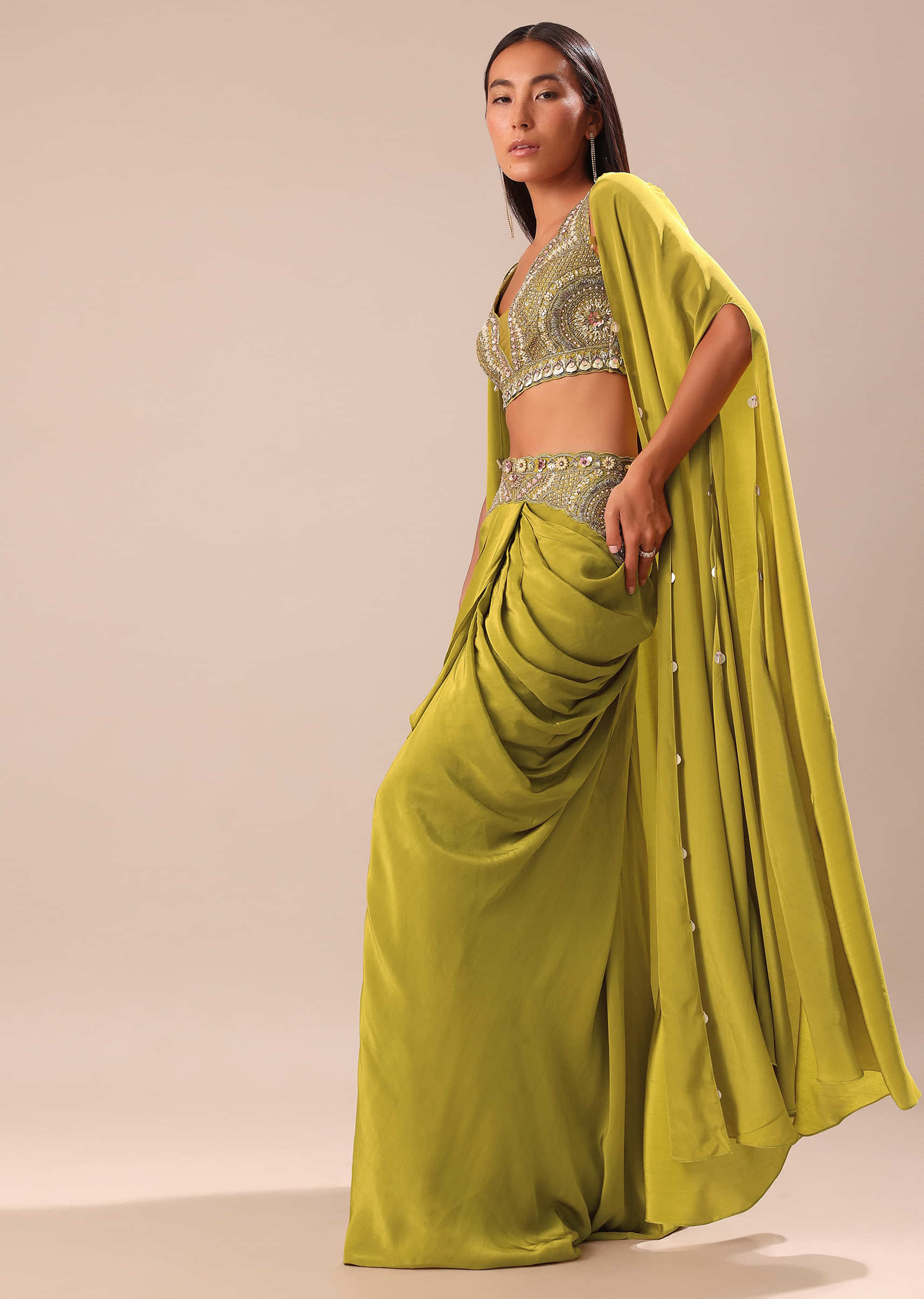 Lime Green Dhoti With Embroidered Blouse And Cape - Image 3