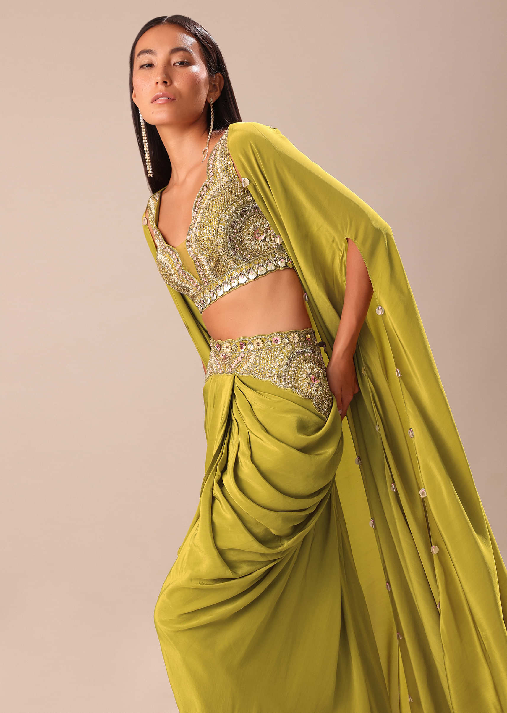 Lime Green Dhoti With Embroidered Blouse And Cape - Image 4