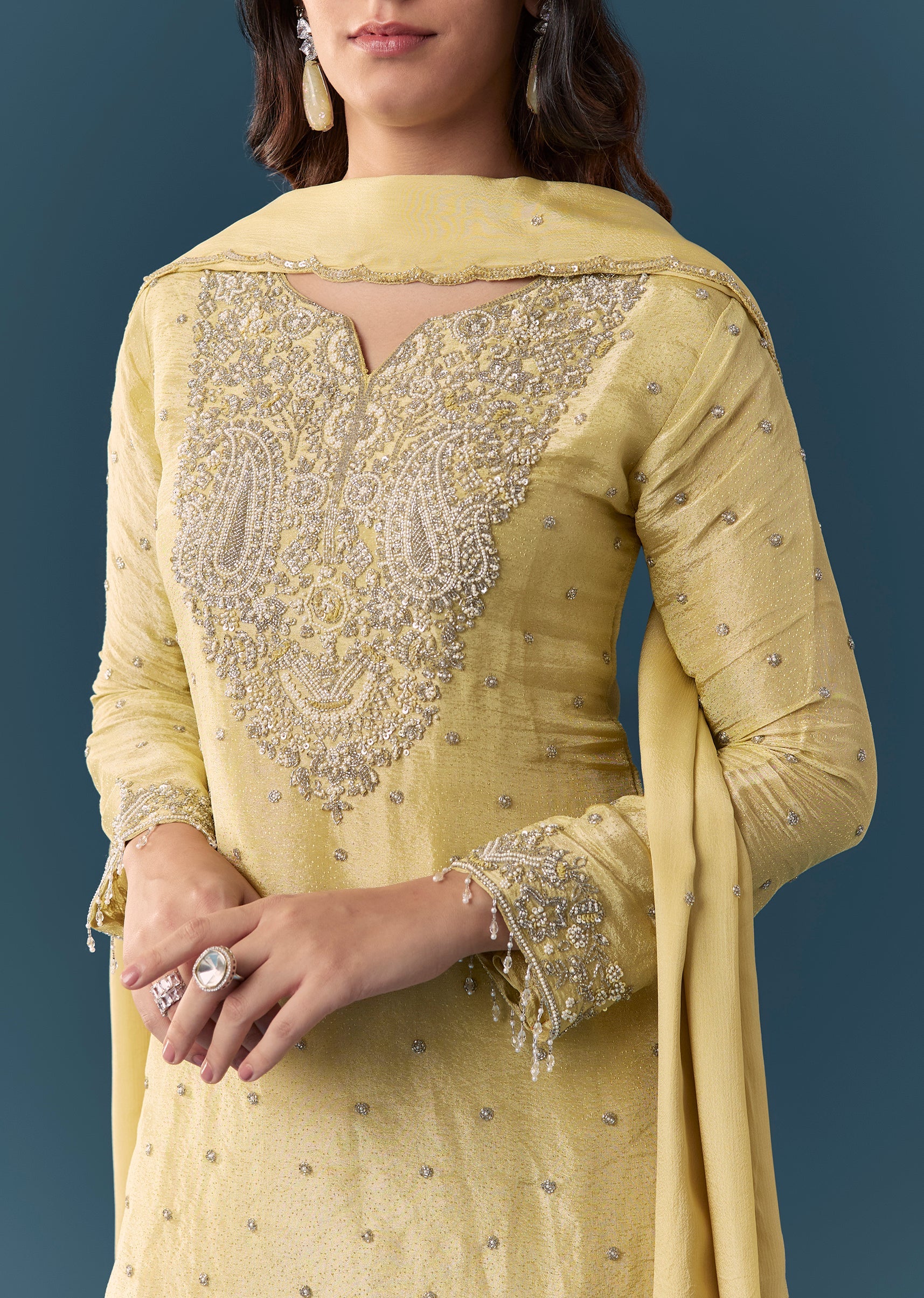 Lime Green Embellished Palazzo Suit Set With Dupatta - Image 2