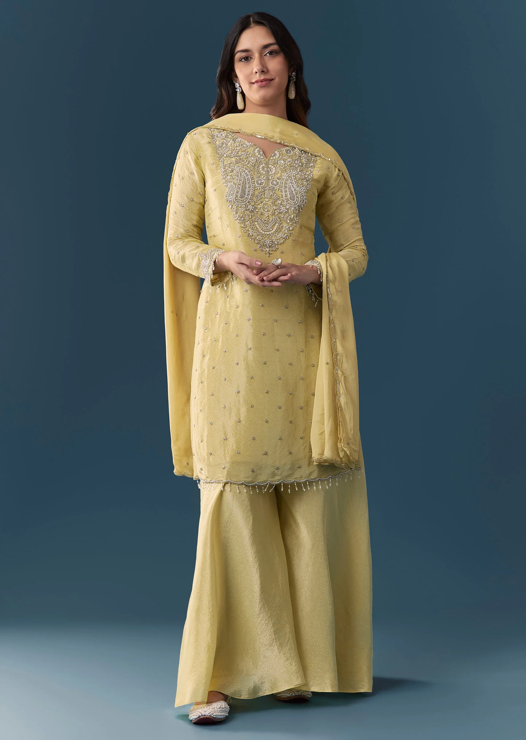 Lime Green Embellished Palazzo Suit Set With Dupatta - Image 3