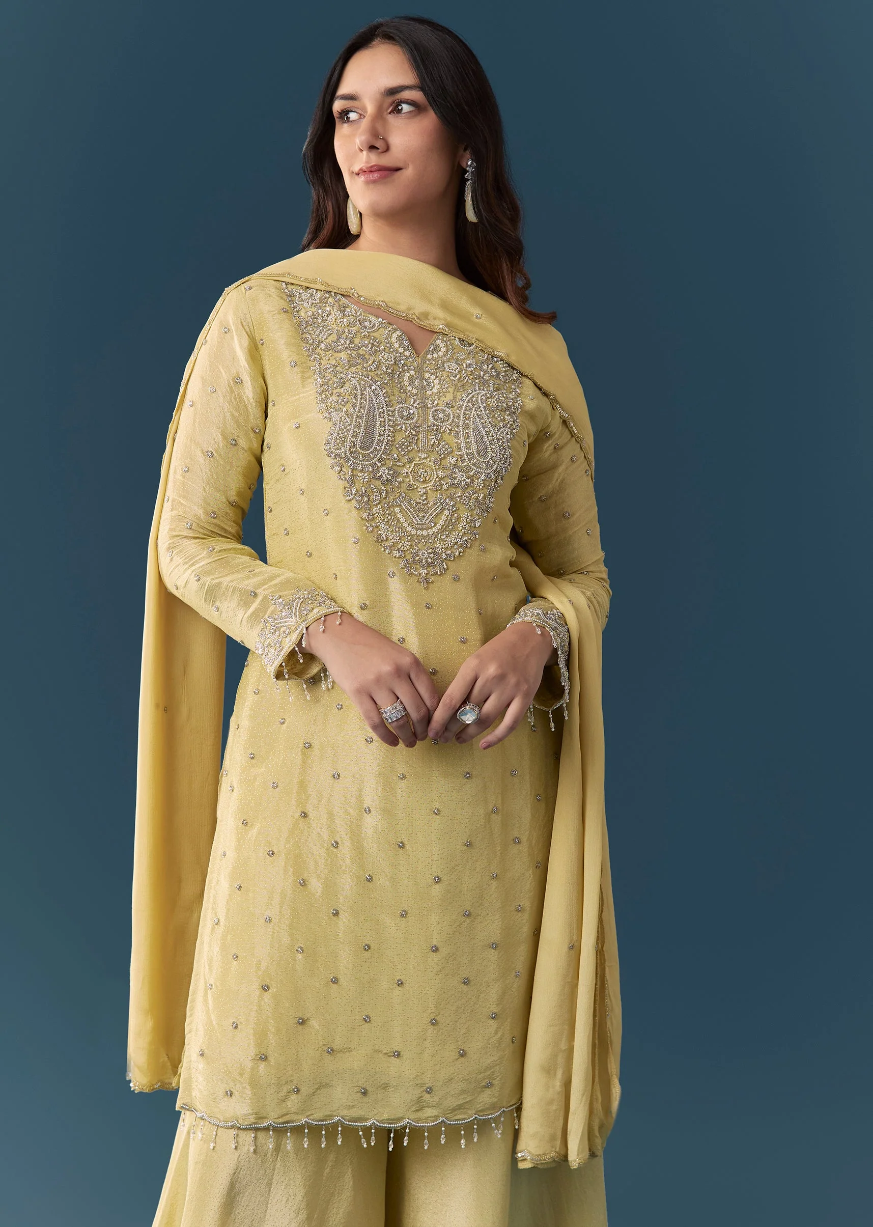 Lime Green Embellished Palazzo Suit Set With Dupatta - Image 4