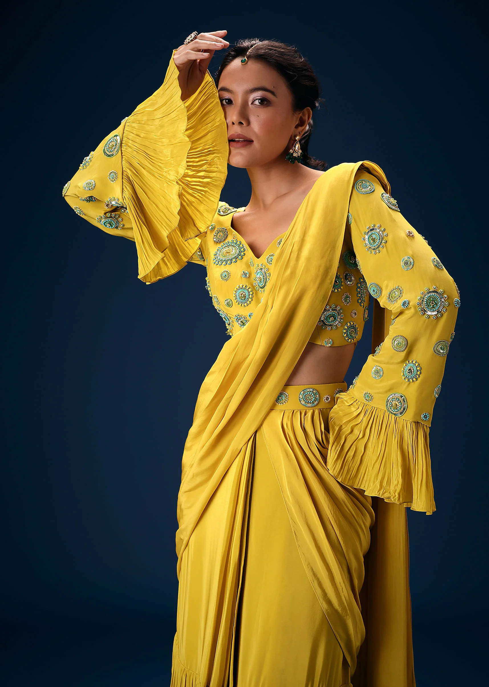 Lime Green Embroidered Blouse With Pre Stitched Saree - Image 2