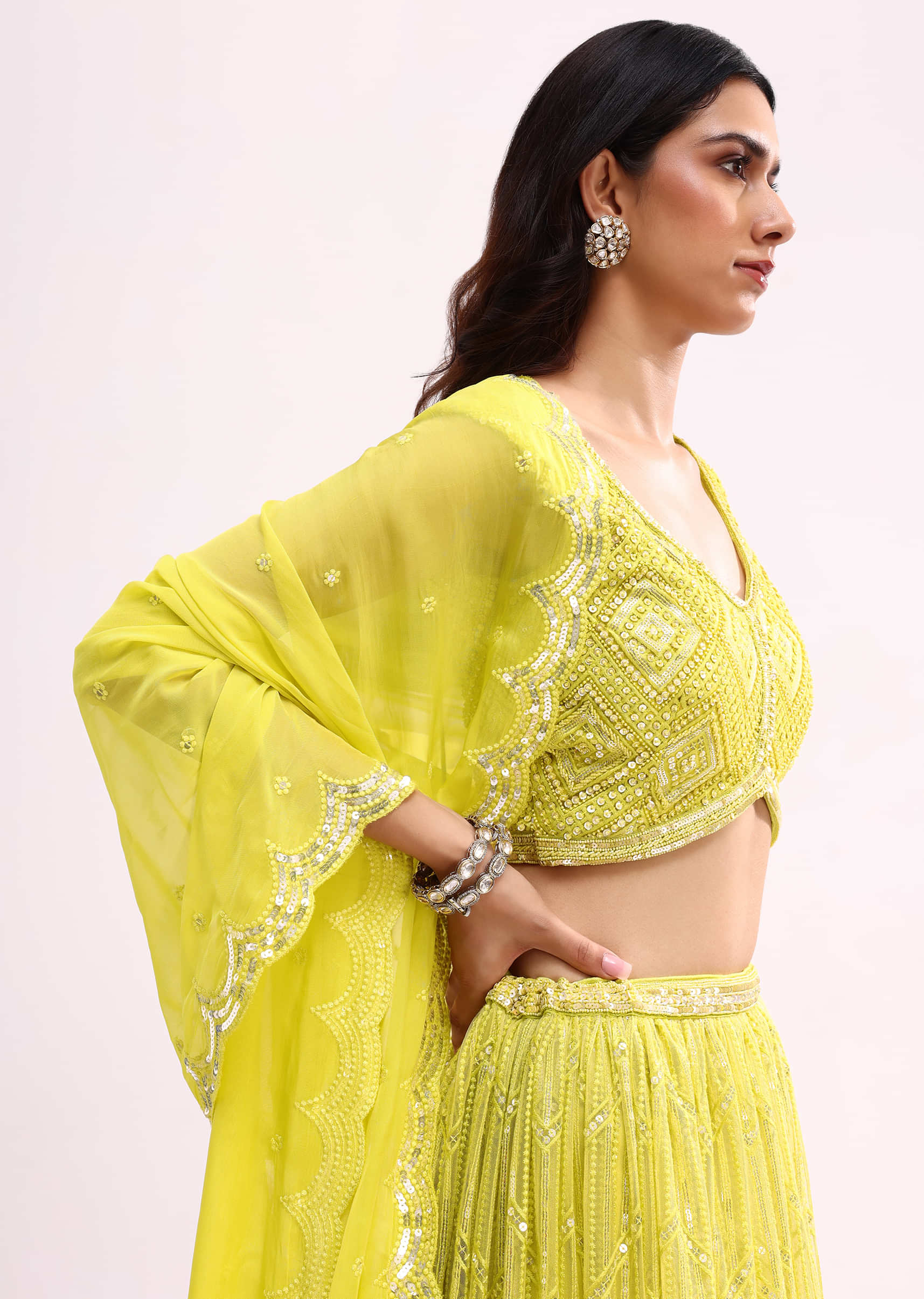 Lime Green Embroidered Net Lehenga Choli Set - Image 4
