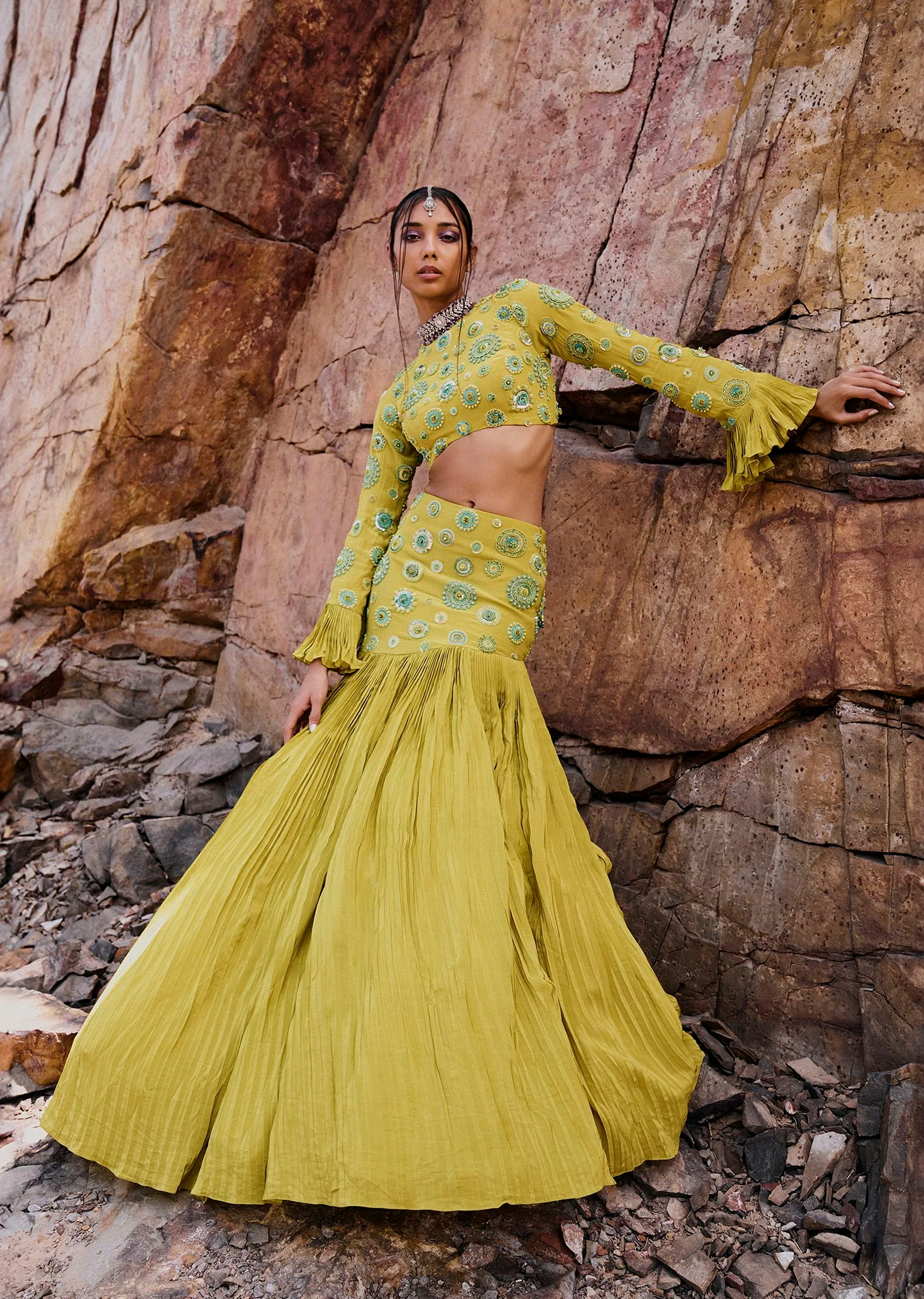 Lime Green High Neck Blouse With Pleated Skirt - Image 3