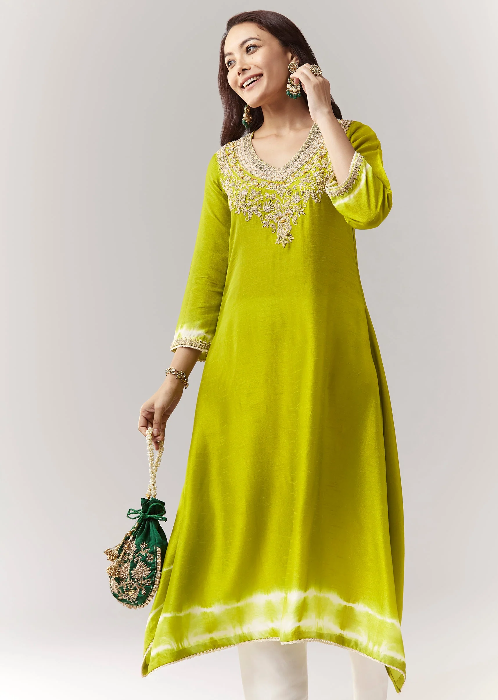 Lime Green Leheriya A Line Kurta Palazzo Set With Zardosi And Moti Work - Image 4