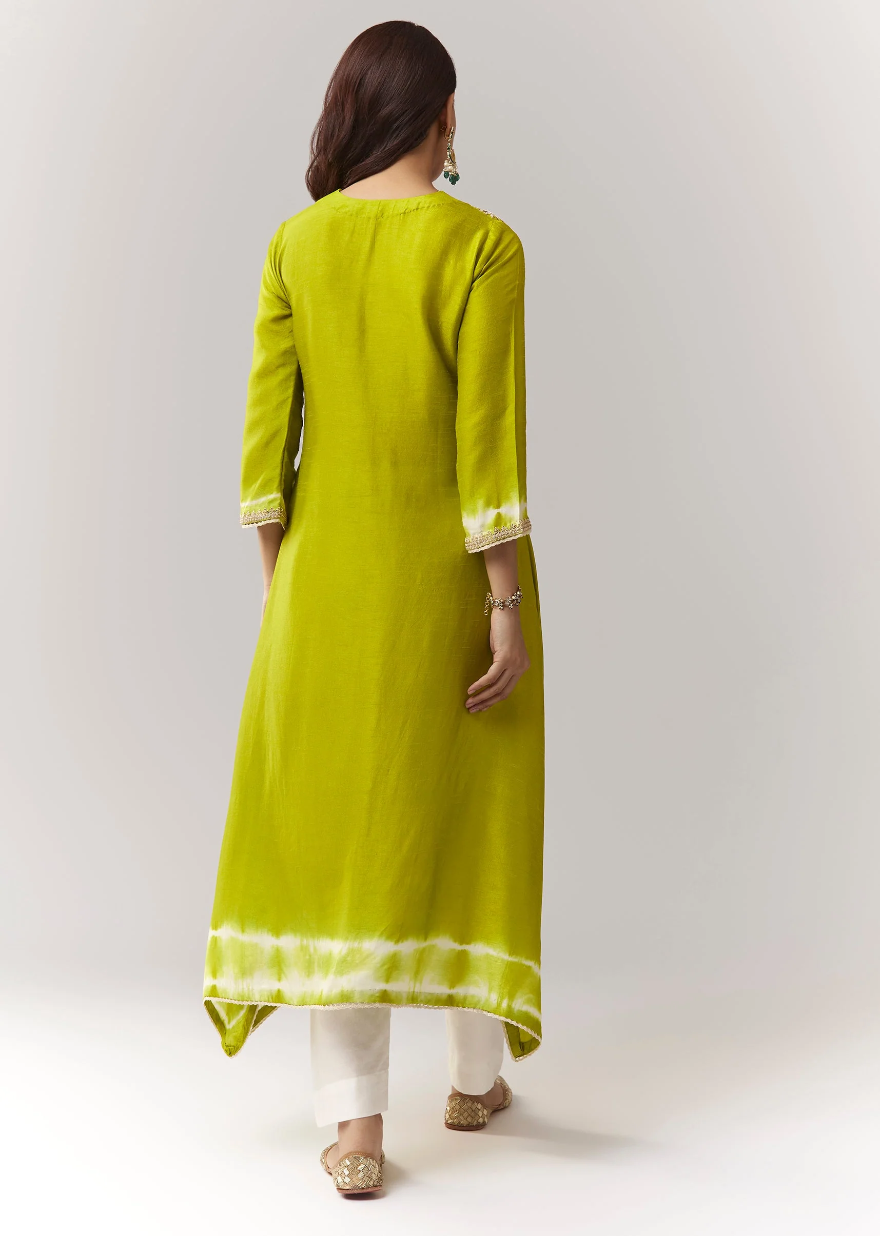 Lime Green Leheriya A Line Kurta Palazzo Set With Zardosi And Moti Work - Image 5