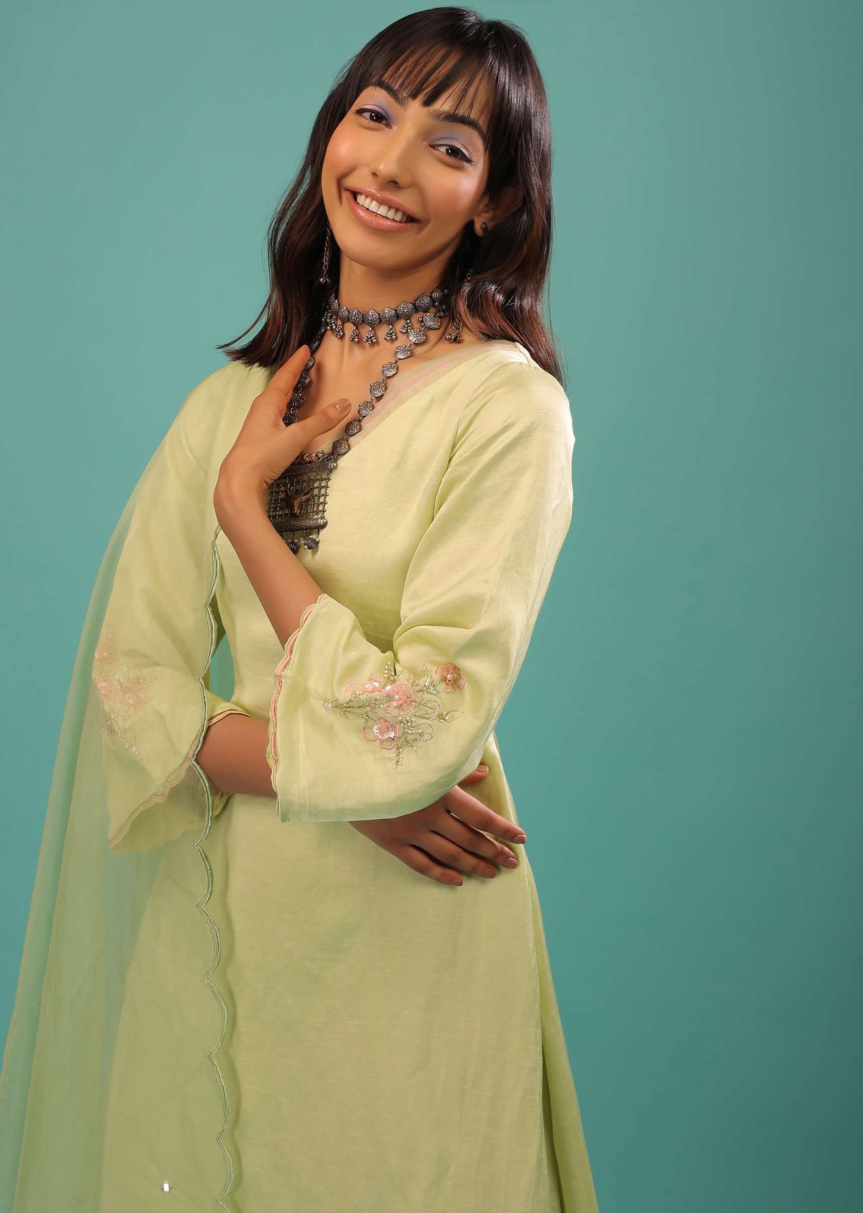 Lime Green Linen Satin Straight Cut Palazzo Suit With Floral Embroidery On The Sleeves - Image 4