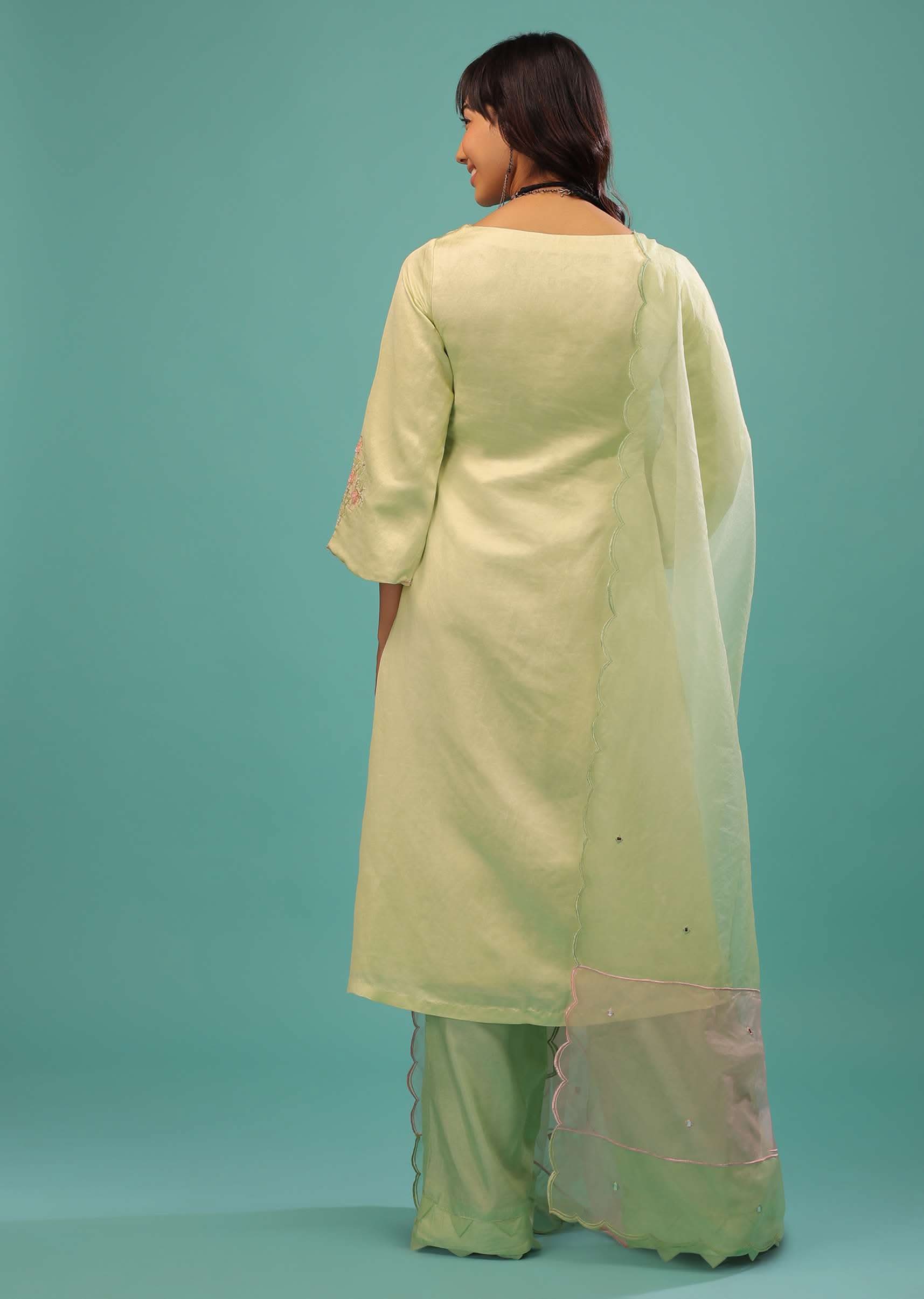 Lime Green Linen Satin Straight Cut Palazzo Suit With Floral Embroidery On The Sleeves - Image 5