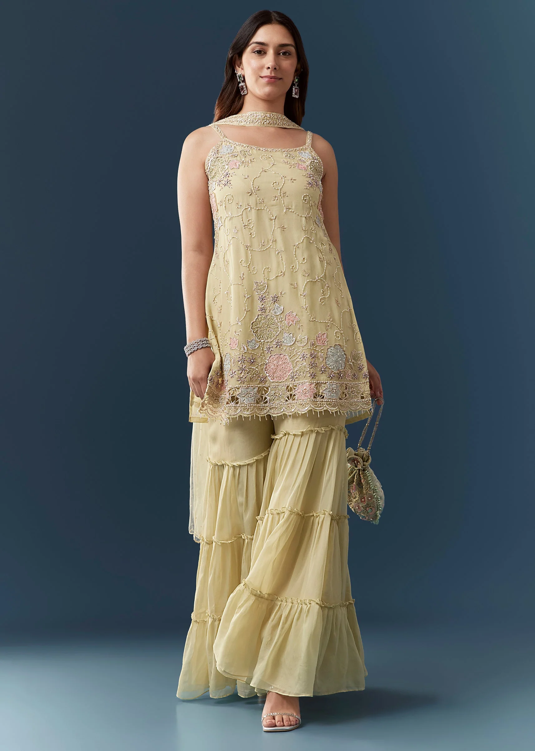 Lime Green Organza Kurta Sharara Set - Image 3