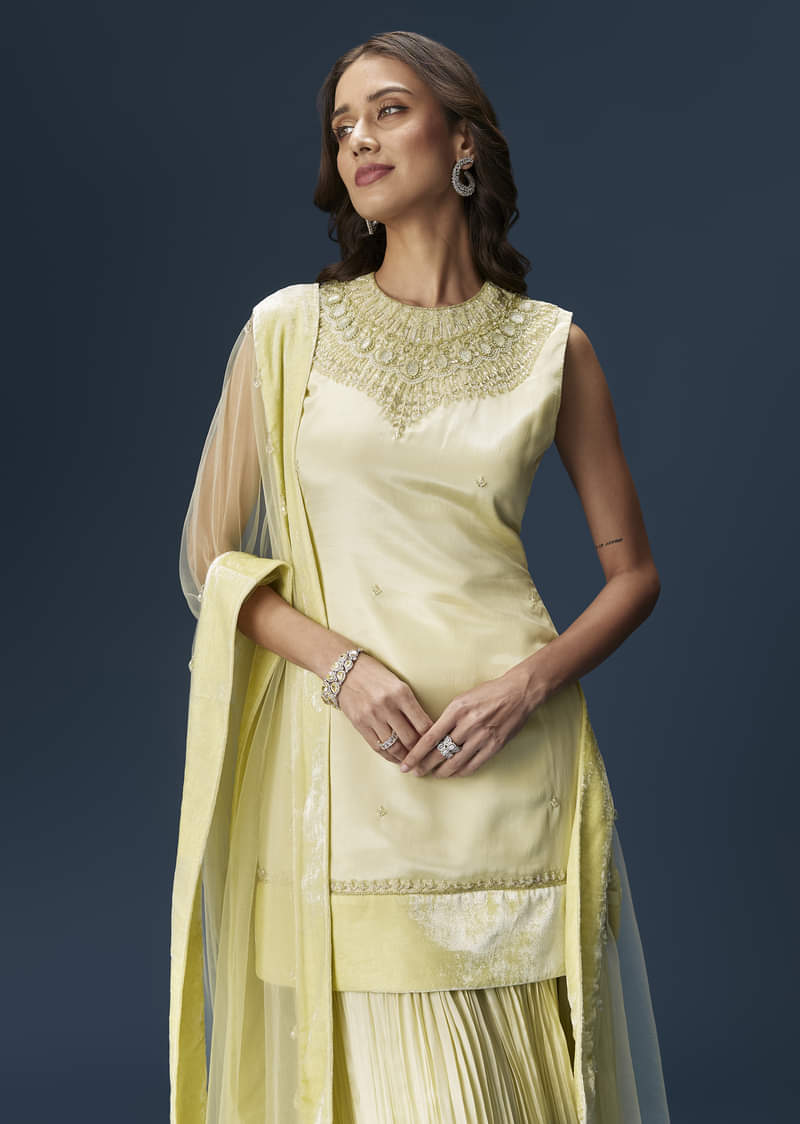 Lime Green Palazzo Suit With Embroidered Necklace - Image 3