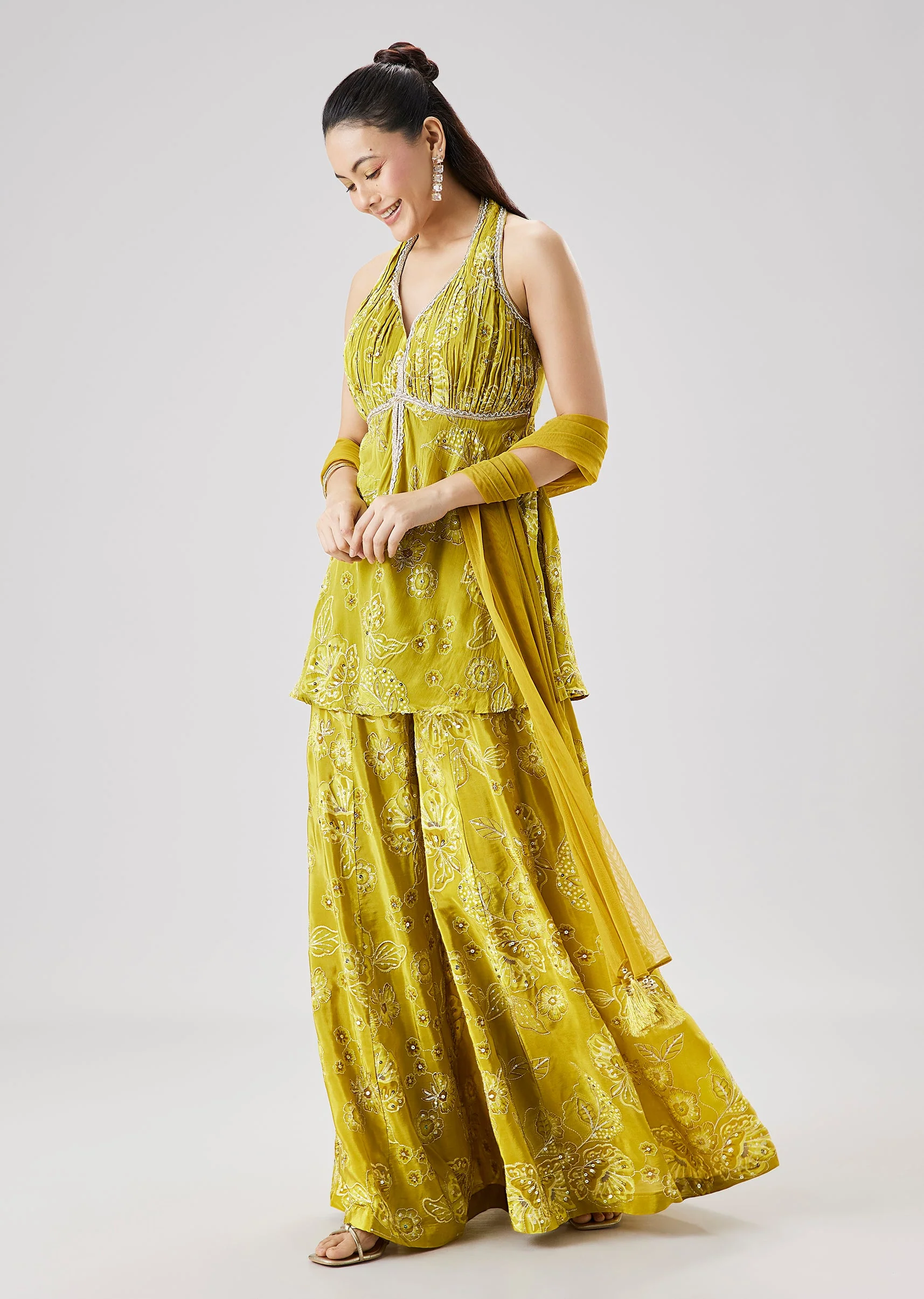 Lime Green Printed Peplum Palazzo Set With Dupatta - Image 3