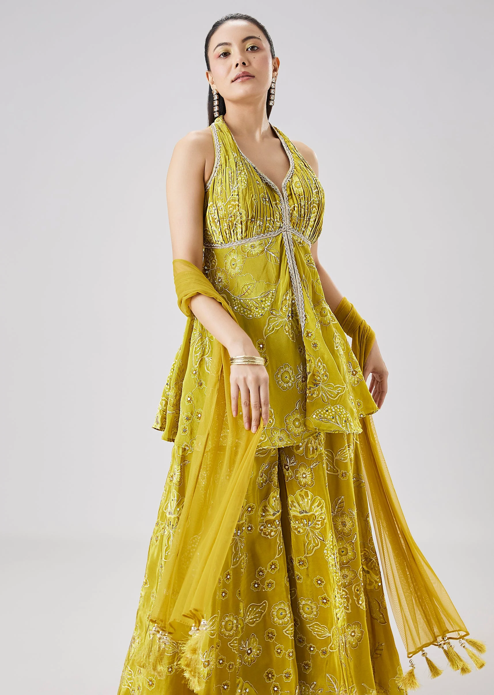 Lime Green Printed Peplum Palazzo Set With Dupatta - Image 4