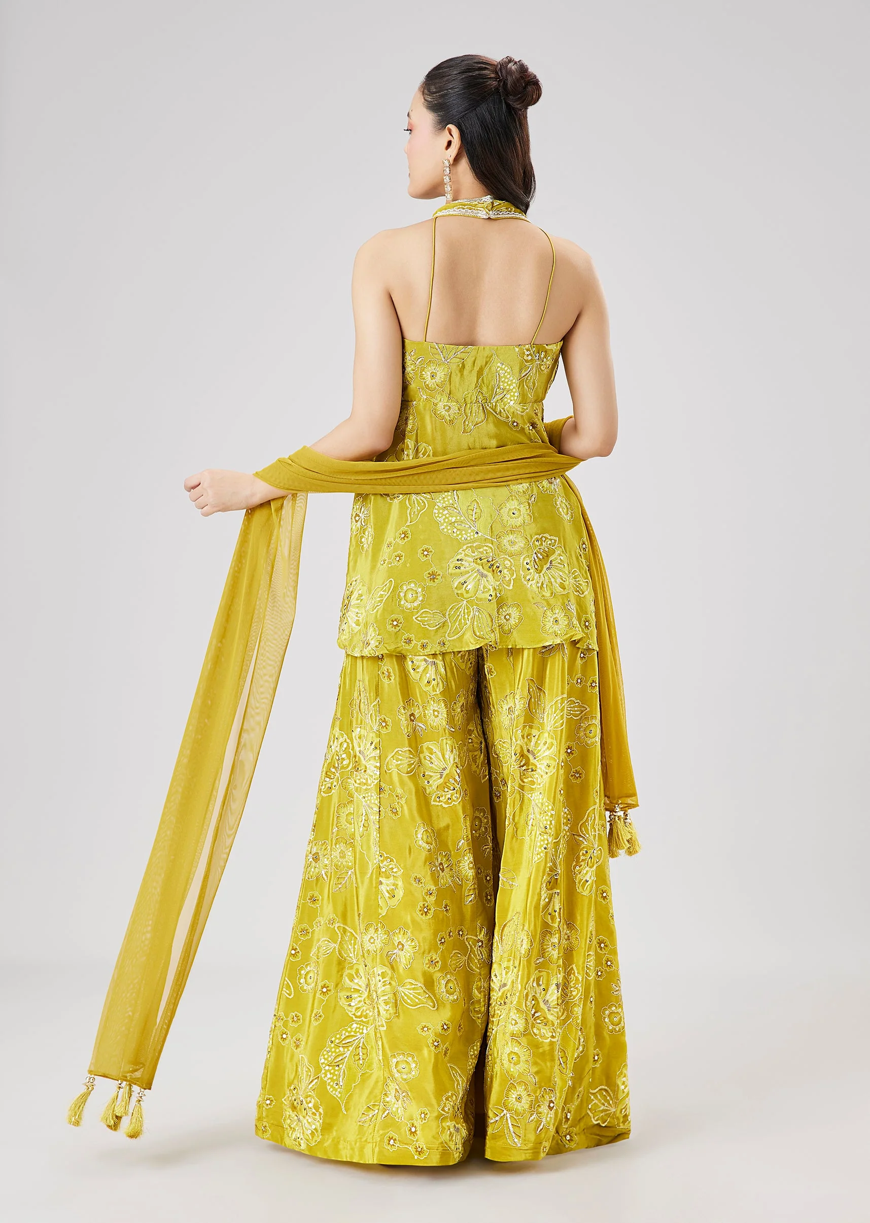 Lime Green Printed Peplum Palazzo Set With Dupatta - Image 5
