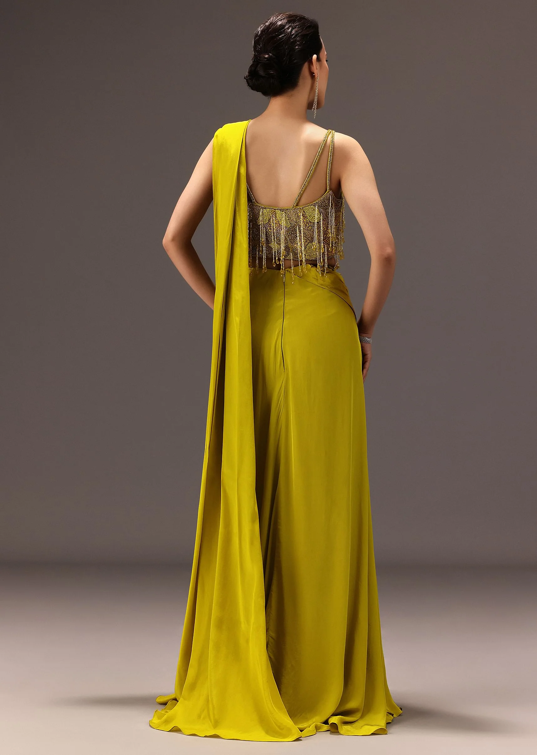 Lime Green Semi Stitched Net Saree With Embroidered Blouse - Image 2