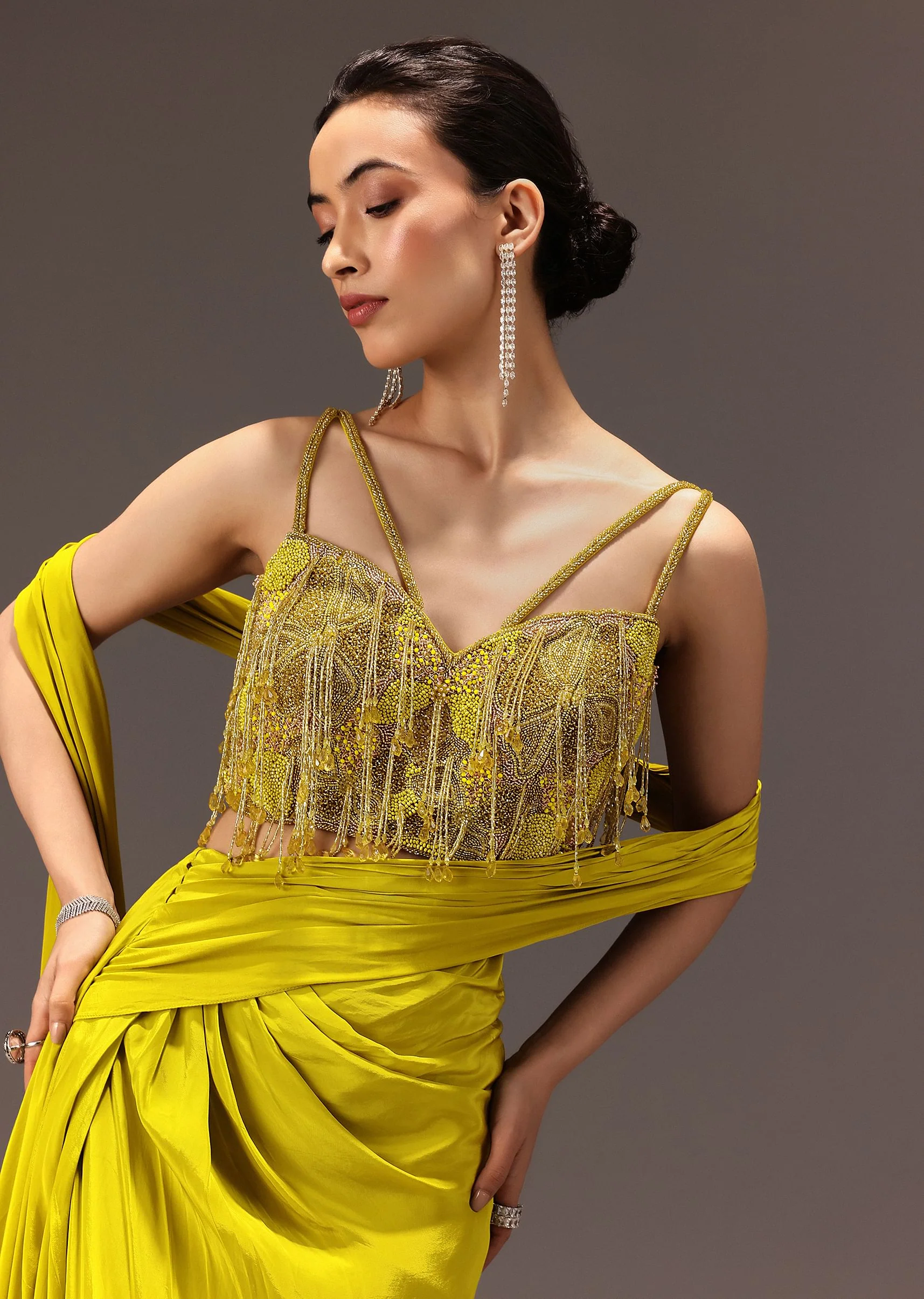 Lime Green Semi Stitched Net Saree With Embroidered Blouse - Image 4