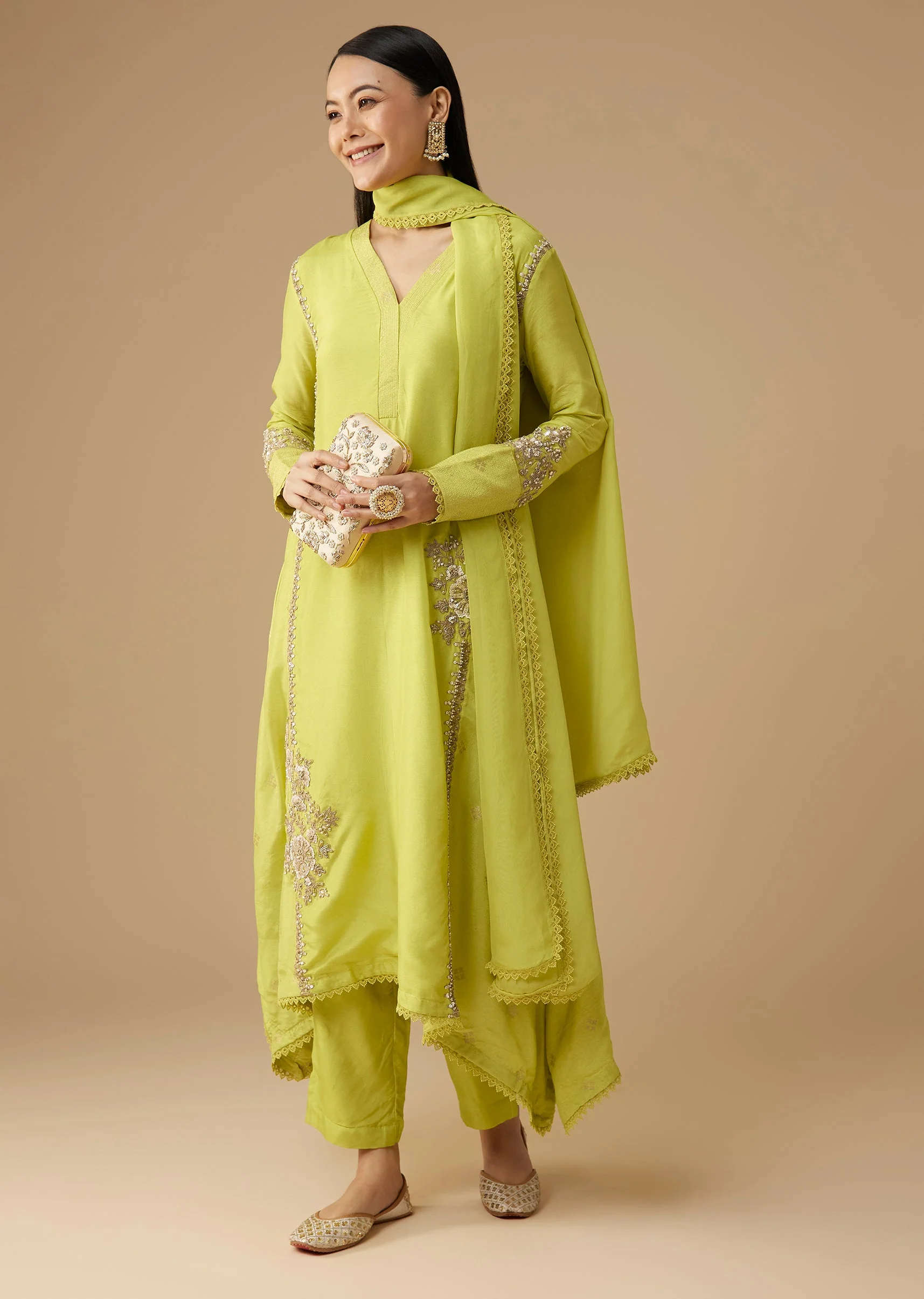 Lime Green Sequin Embellished Silk Anarkali Set - Image 3