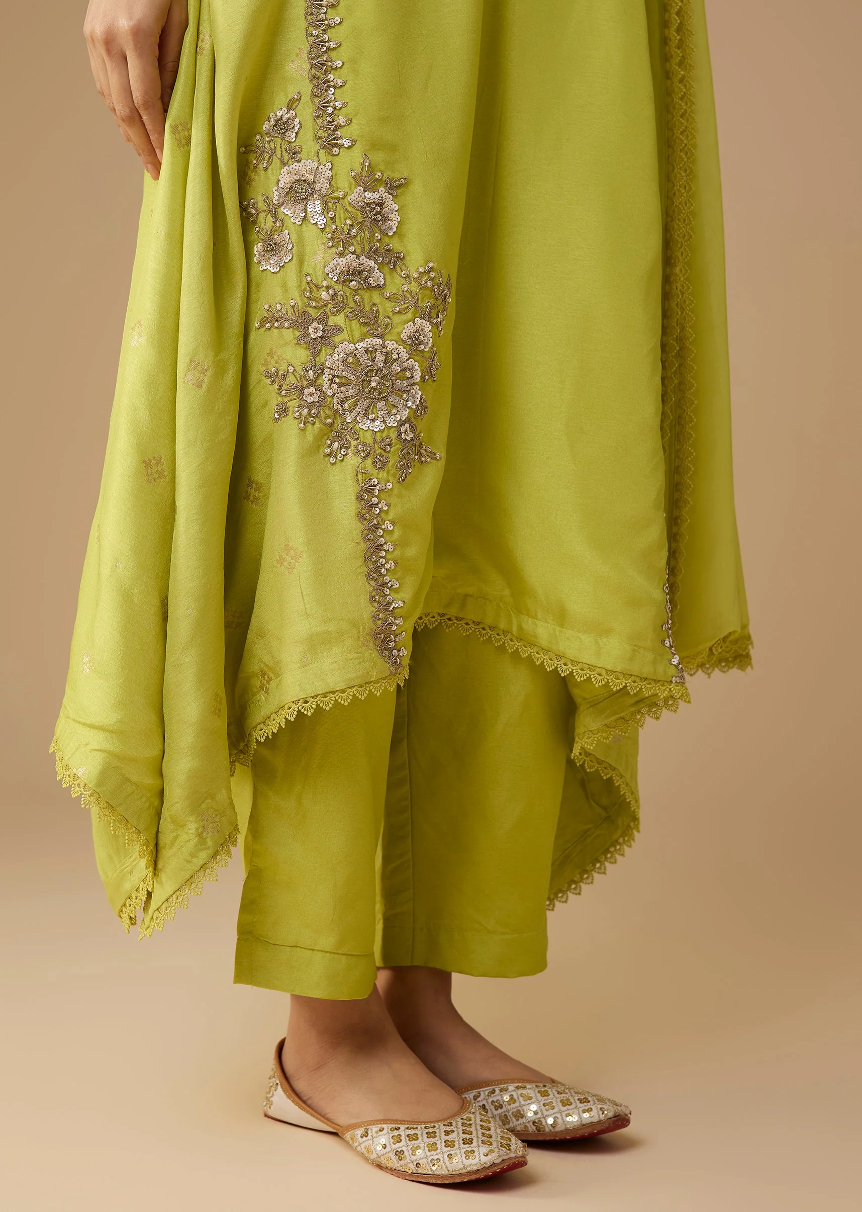 Lime Green Sequin Embellished Silk Anarkali Set - Image 4
