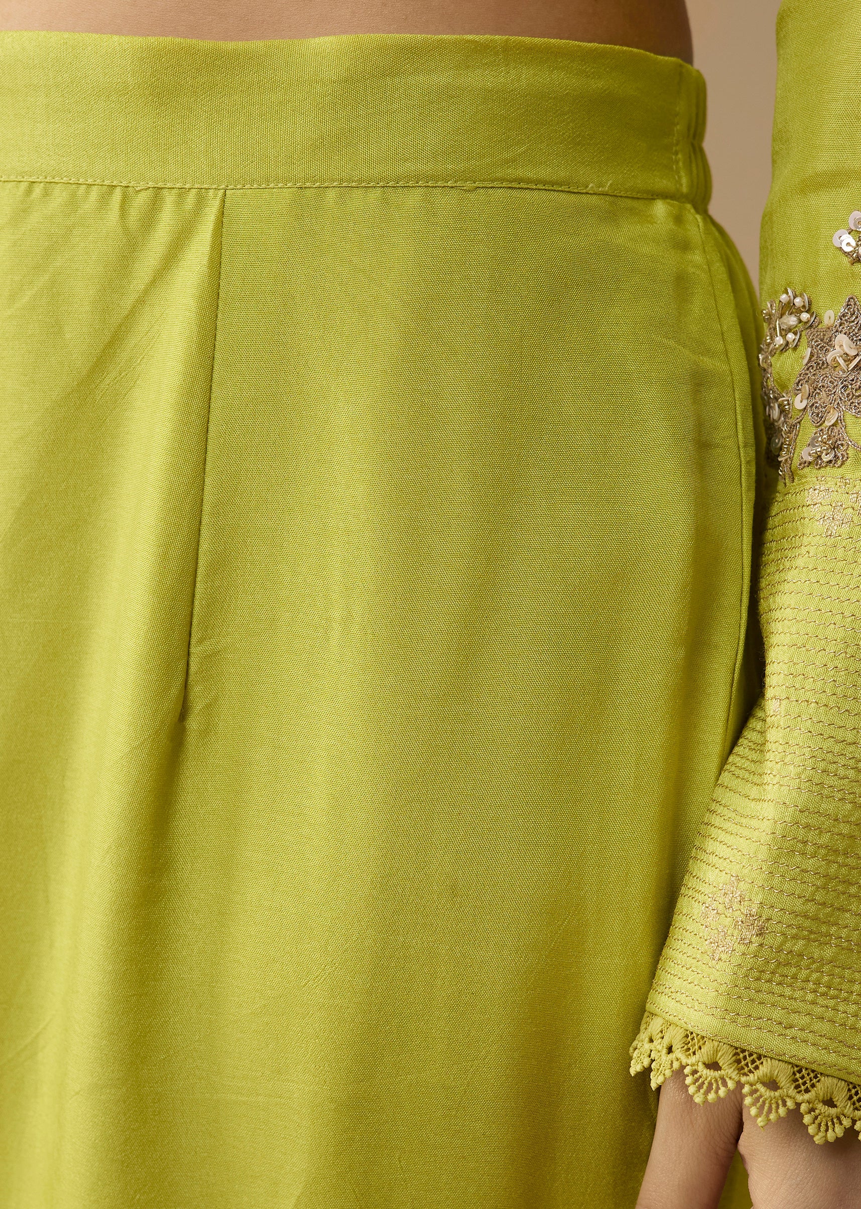 Lime Green Sequin Embellished Silk Anarkali Set - Image 6