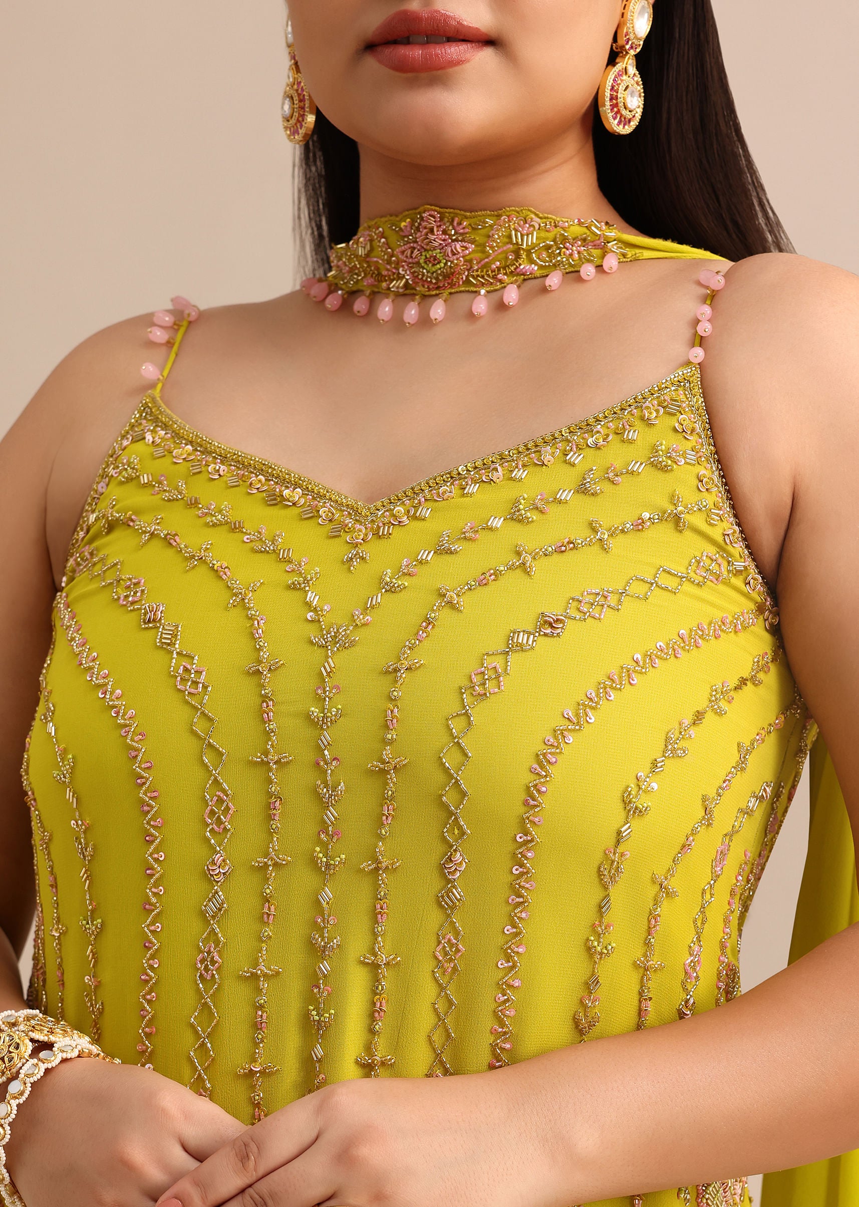 Lime Green Sharara Suit With Choker Dupatta - Image 2
