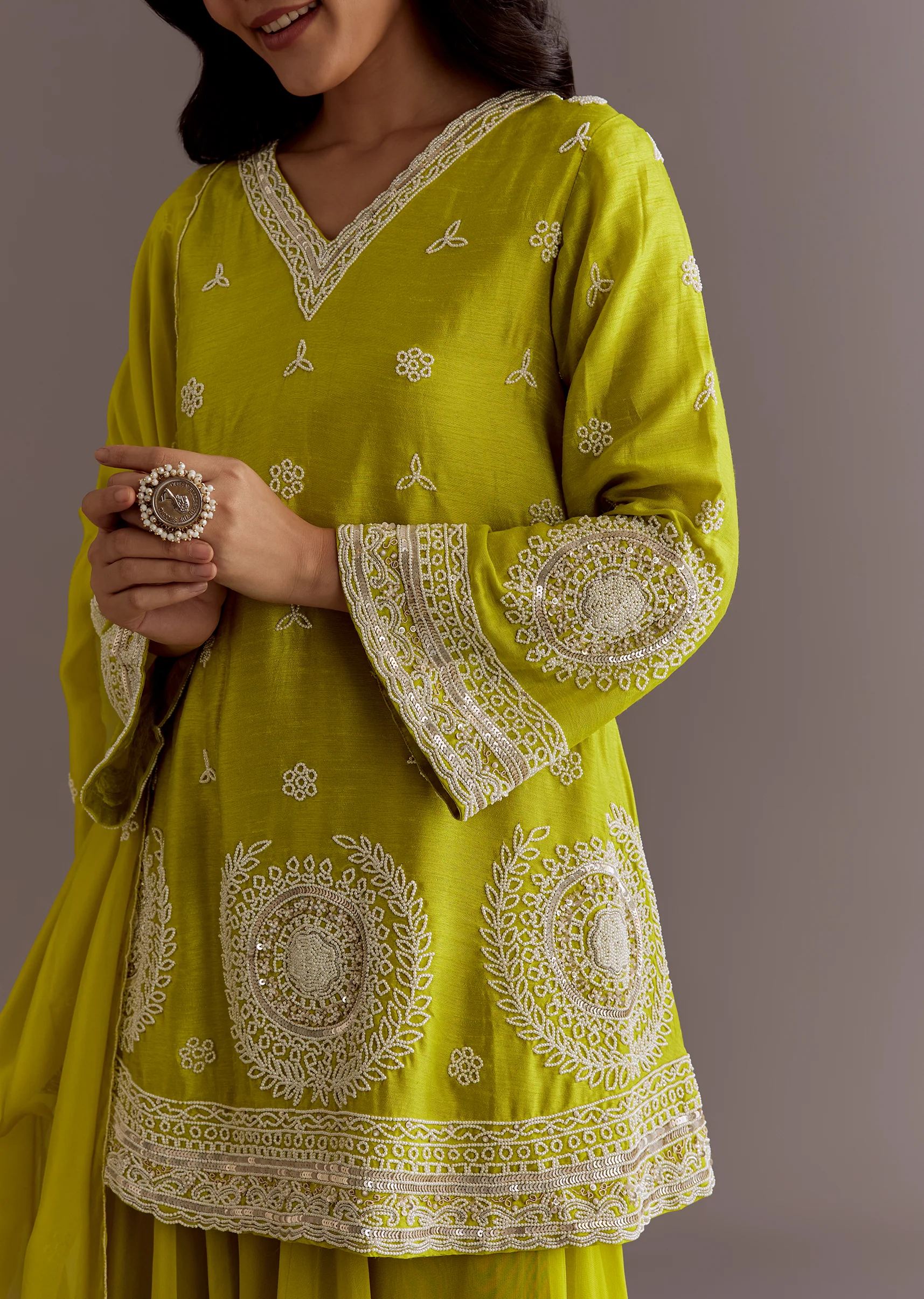 Lime Green Short Kurta Palazzo Suit With Moti Embellished Dupatta - Image 3