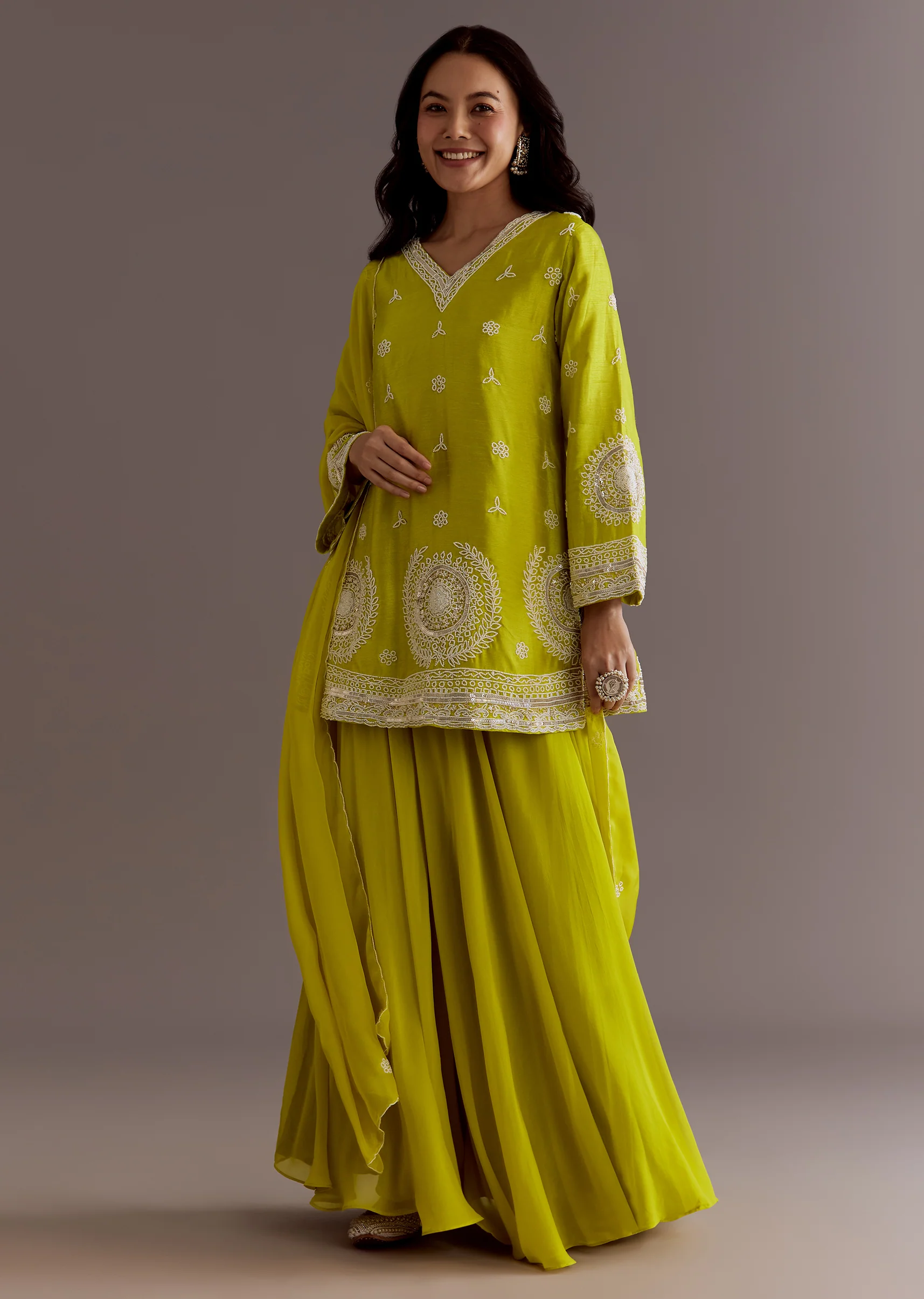 Lime Green Short Kurta Palazzo Suit With Moti Embellished Dupatta - Image 4