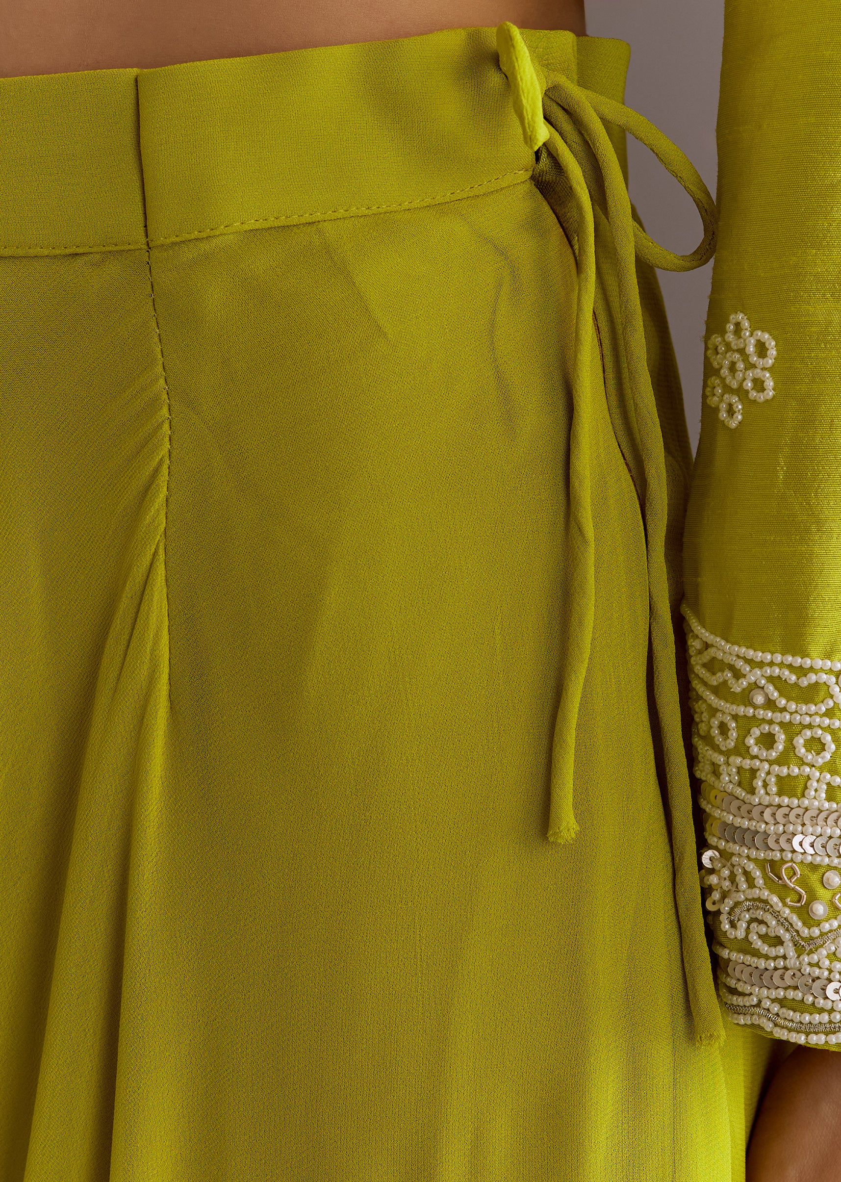 Lime Green Short Kurta Palazzo Suit With Moti Embellished Dupatta - Image 6