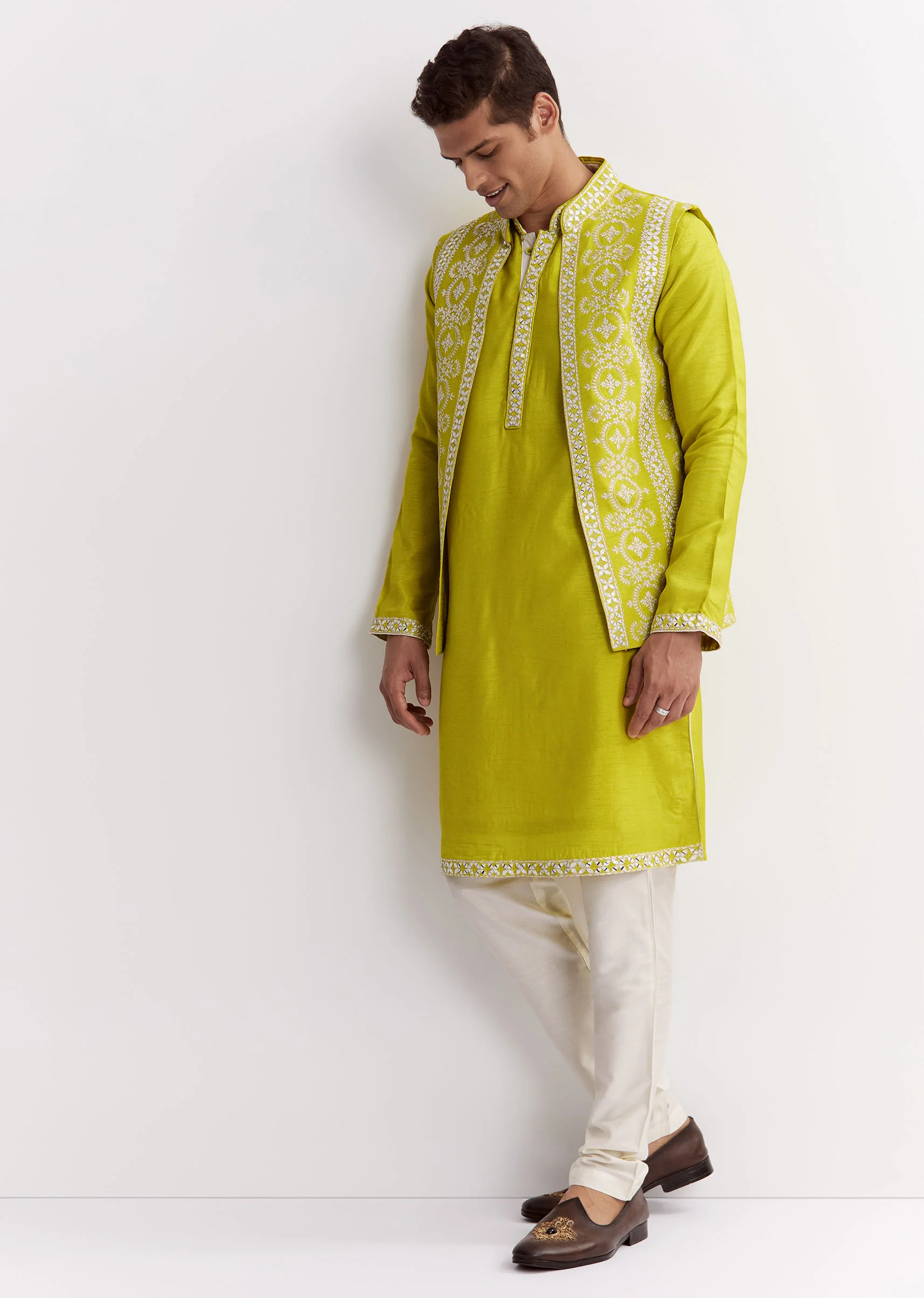 Lime Green Silk Jacket Kurta Set With Gotta Embroidery - Image 2