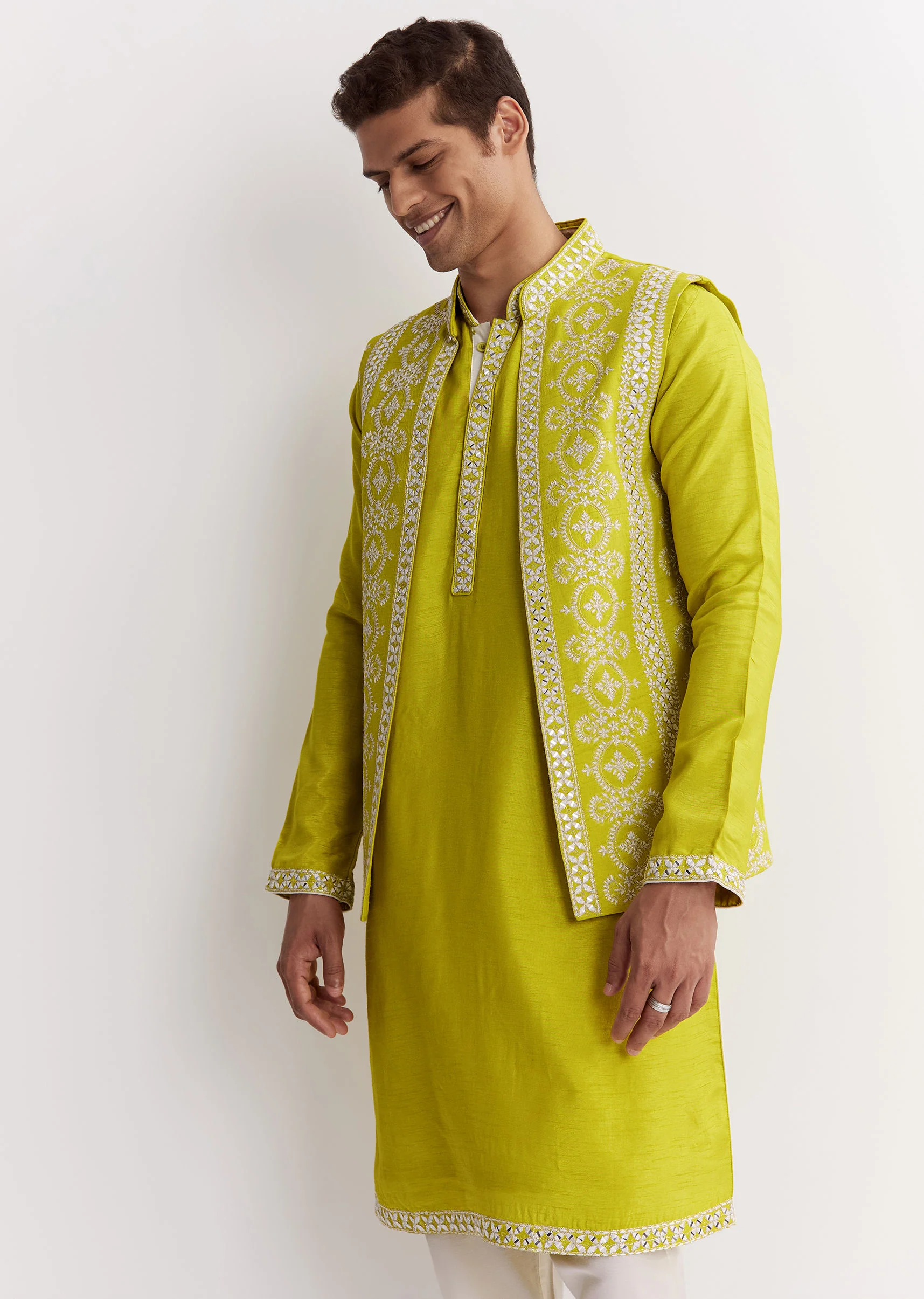Lime Green Silk Jacket Kurta Set With Gotta Embroidery - Image 3