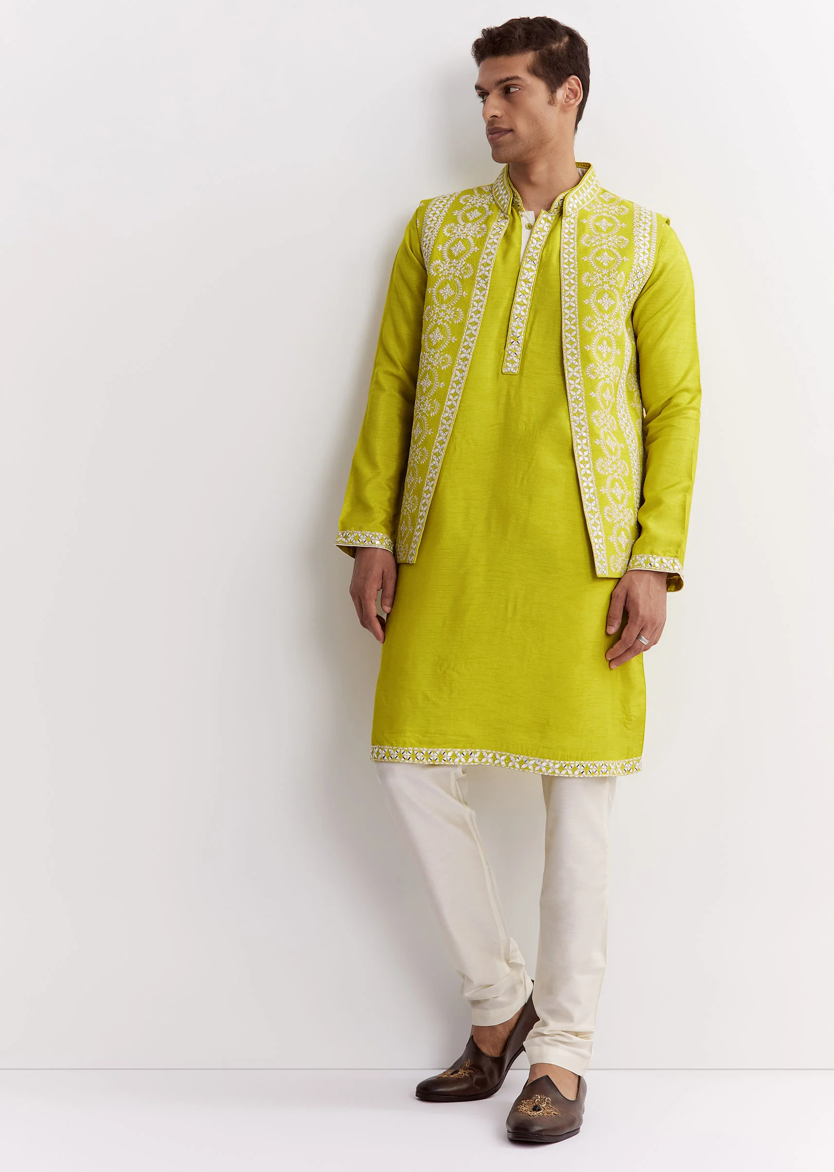 Lime Green Silk Jacket Kurta Set With Gotta Embroidery - Image 4