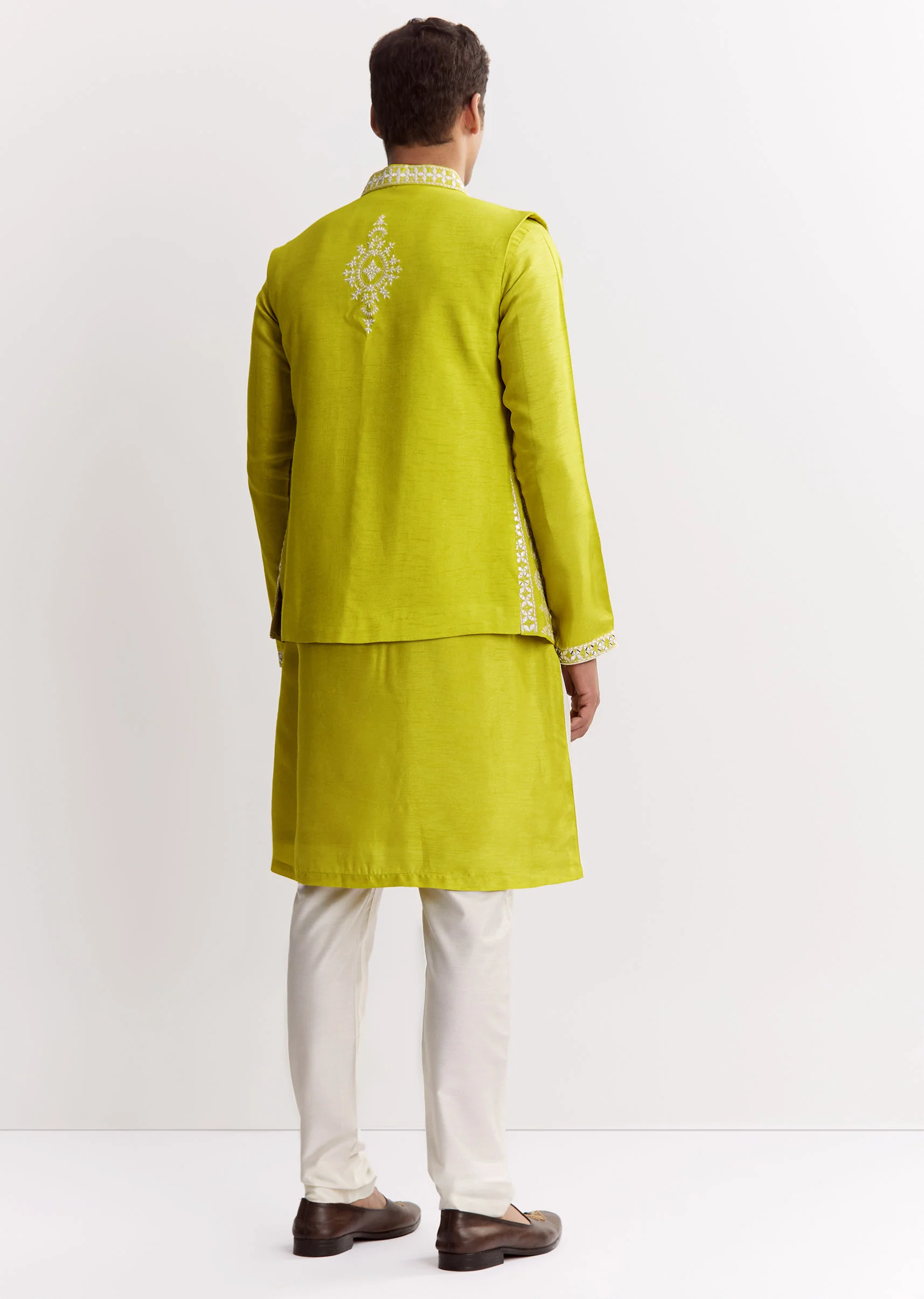 Lime Green Silk Jacket Kurta Set With Gotta Embroidery - Image 5