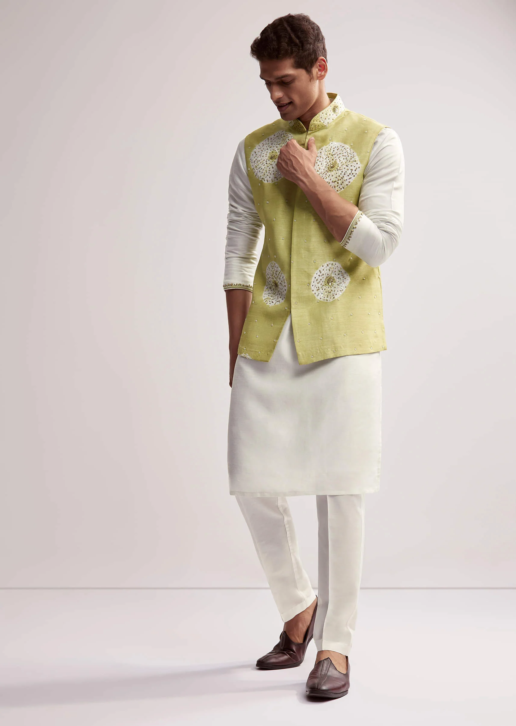 Lime Green Silk Kurta Jacket Set For Men With Hand Embroidery - Image 3
