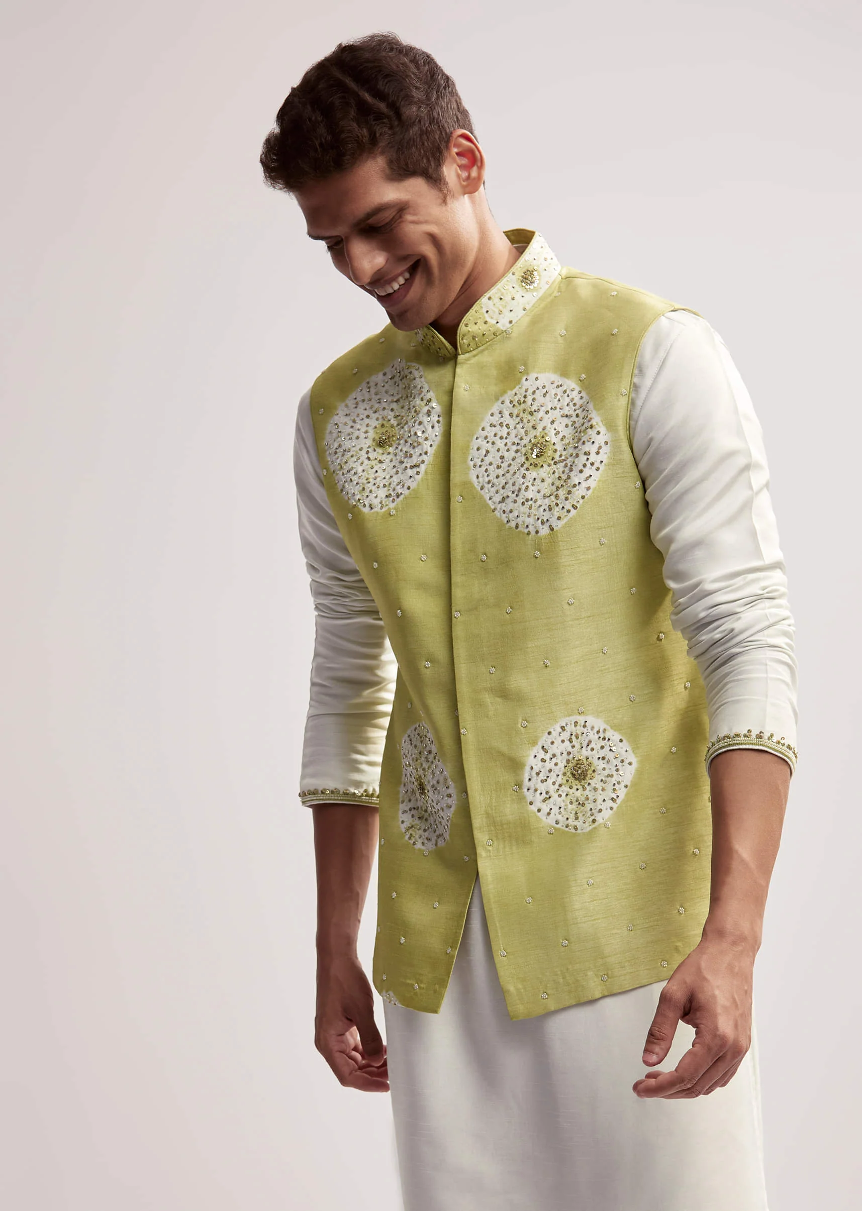 Lime Green Silk Kurta Jacket Set For Men With Hand Embroidery - Image 4