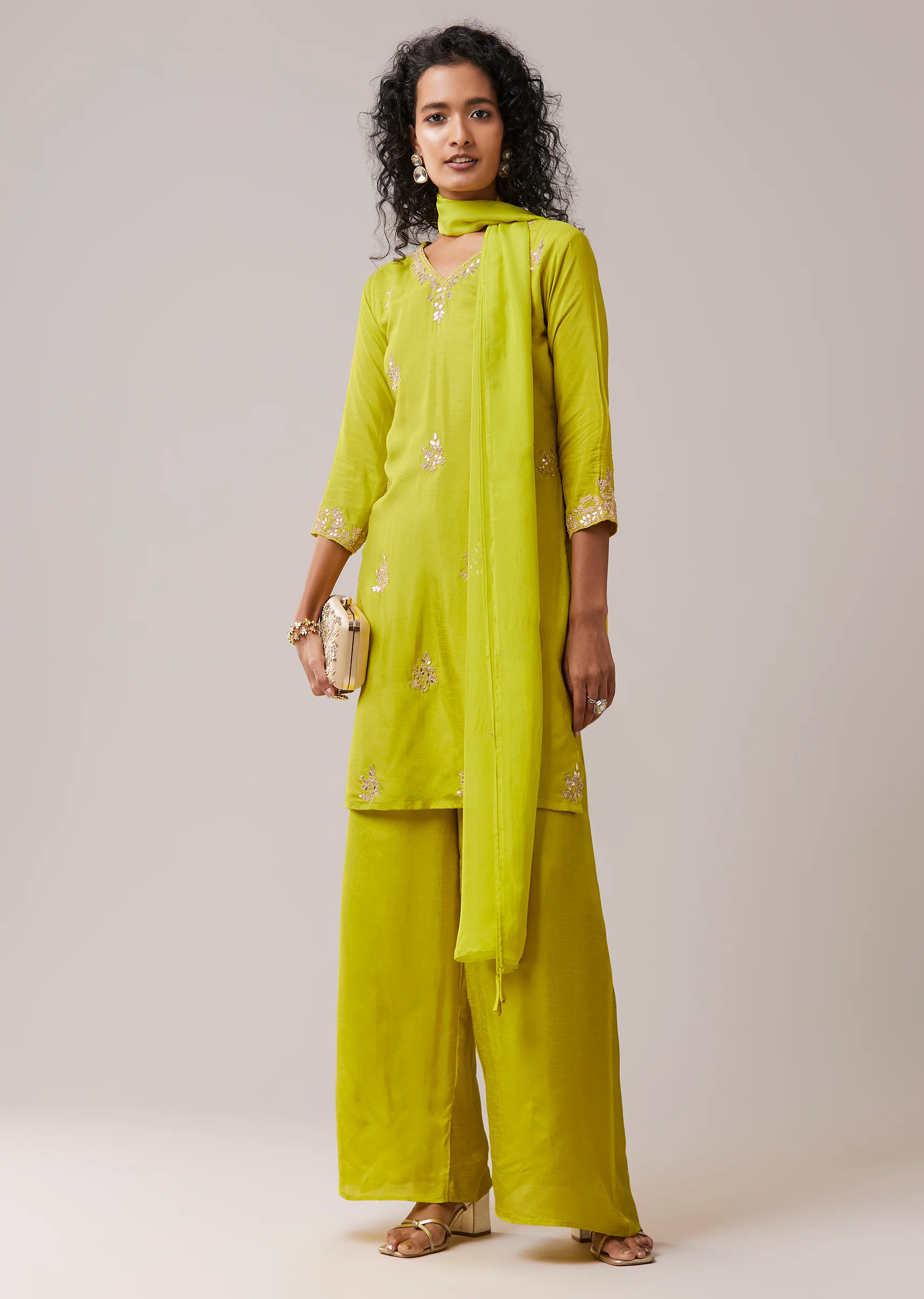 Lime Green Silk Kurta Pant Set with Gota Work - Image 2