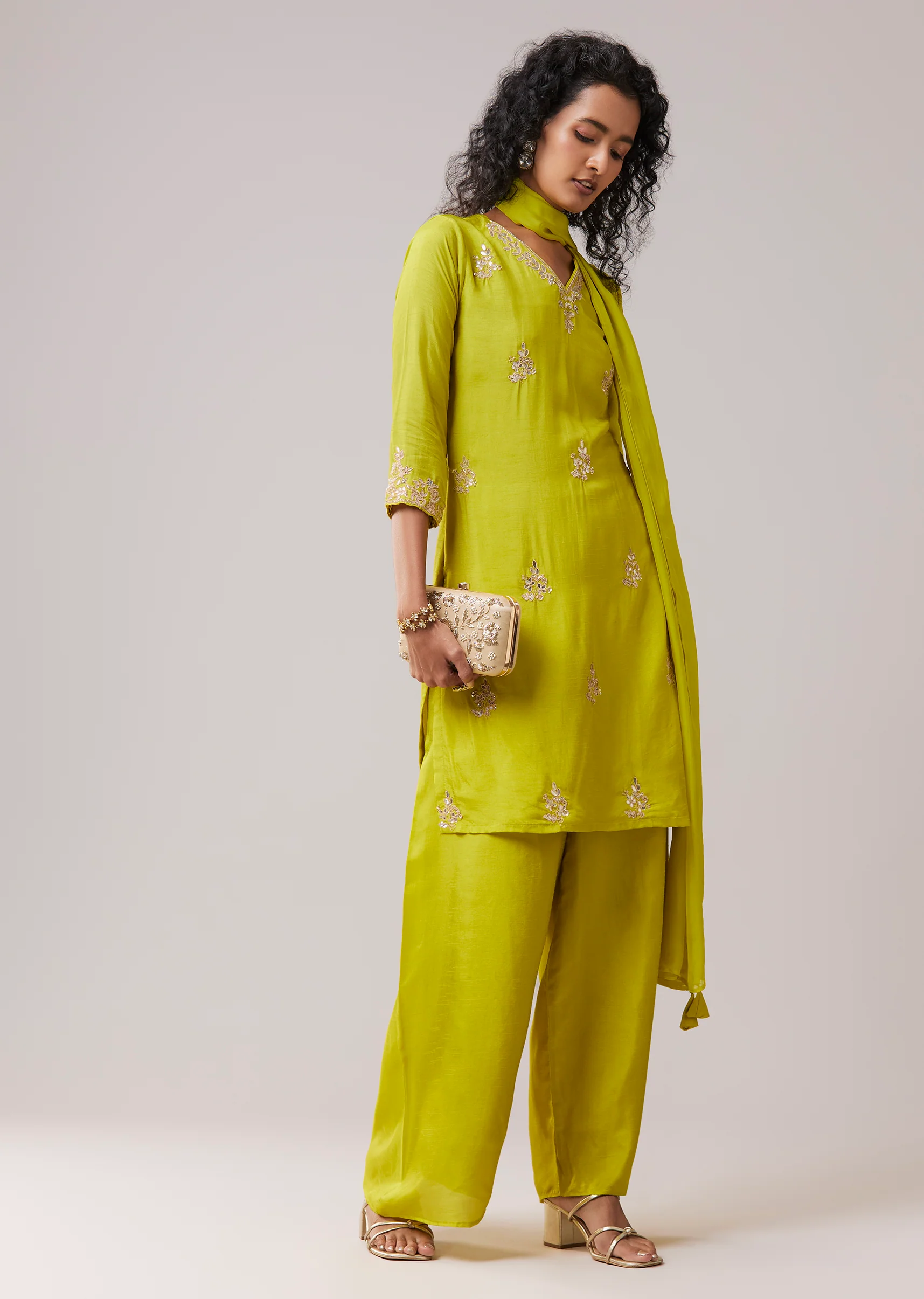 Lime Green Silk Kurta Pant Set with Gota Work - Image 4