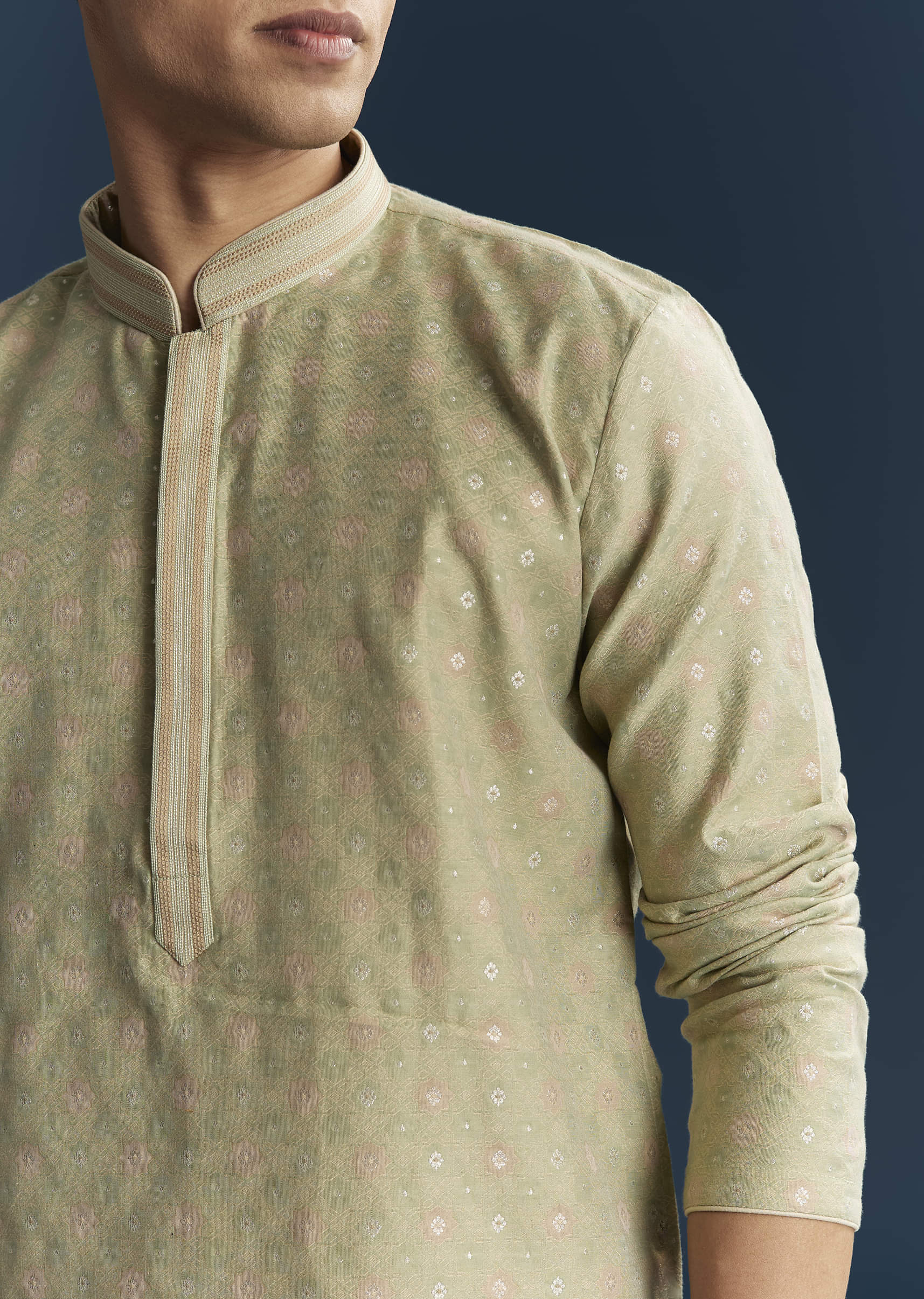 Lime Green Silk Kurta Set For Men - Image 2