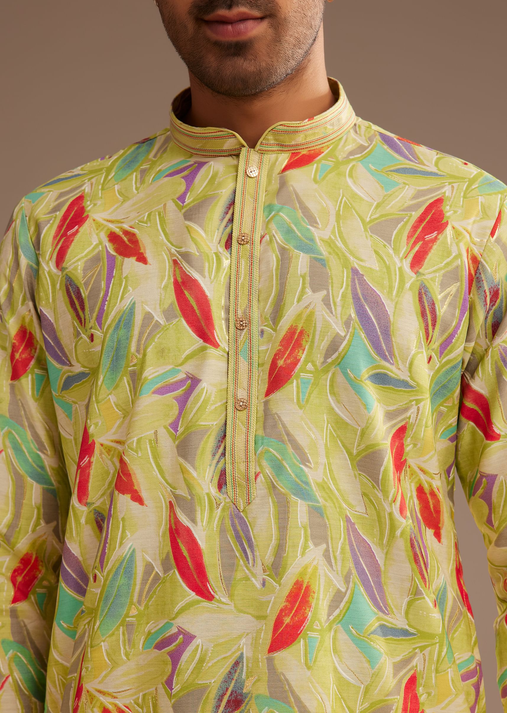 Lime Green Silk Leaf Printed Kurta Set