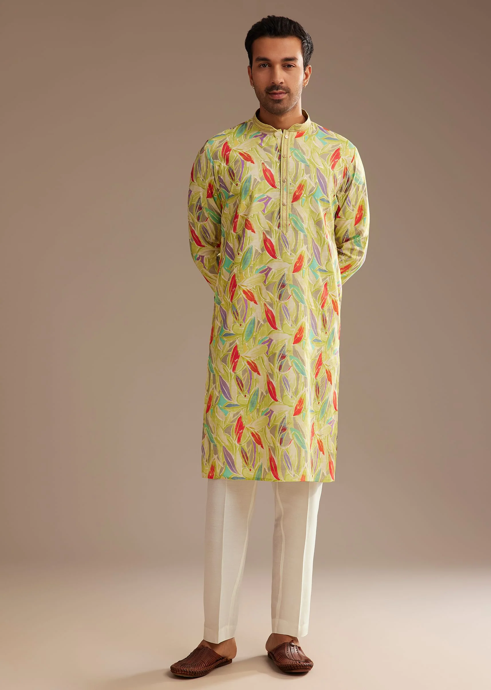 Lime Green Silk Leaf Printed Kurta Set - Image 2