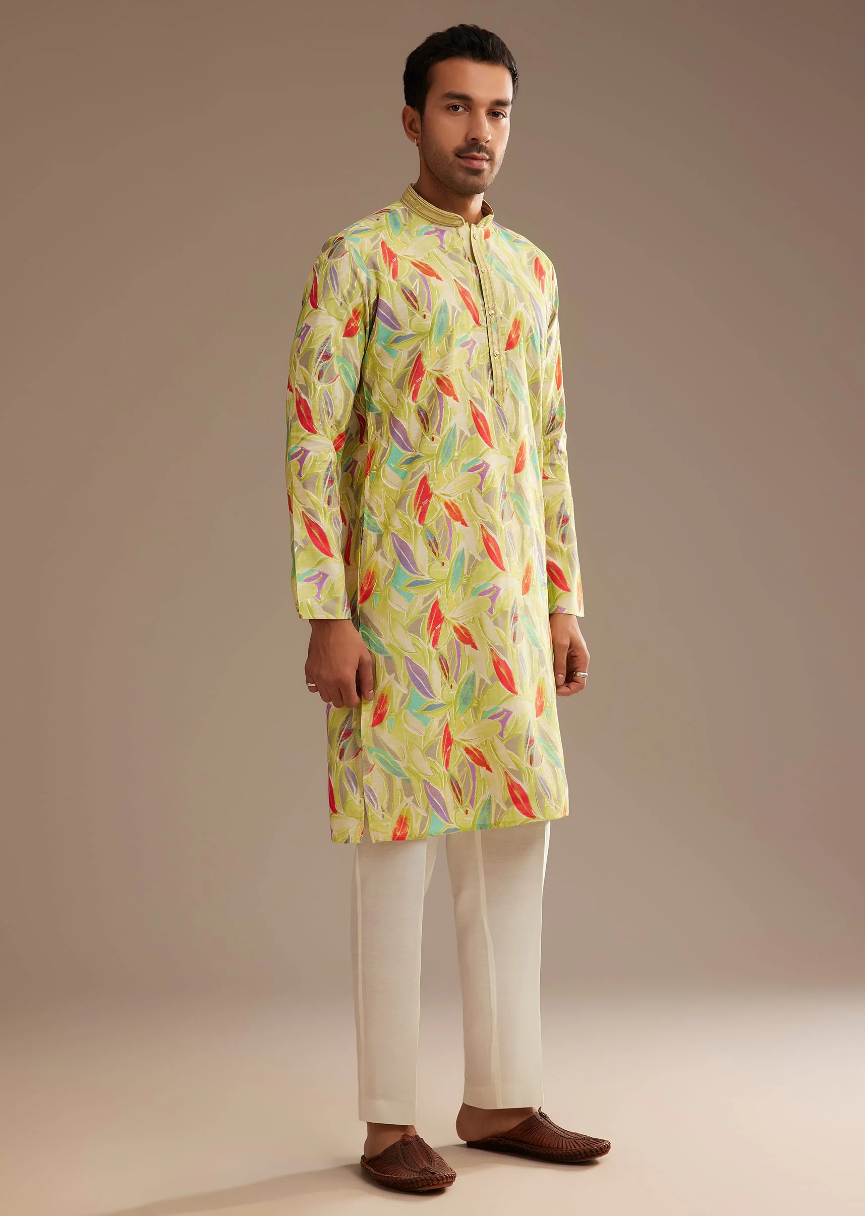 Lime Green Silk Leaf Printed Kurta Set - Image 4
